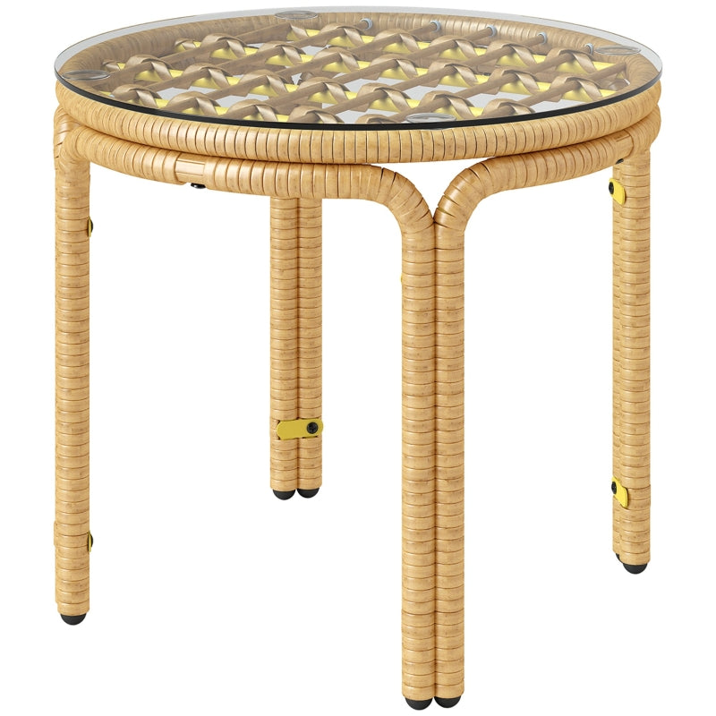 Beistelltisch, runder Couchtisch, Glasplatte, Polyrattan, Gelb