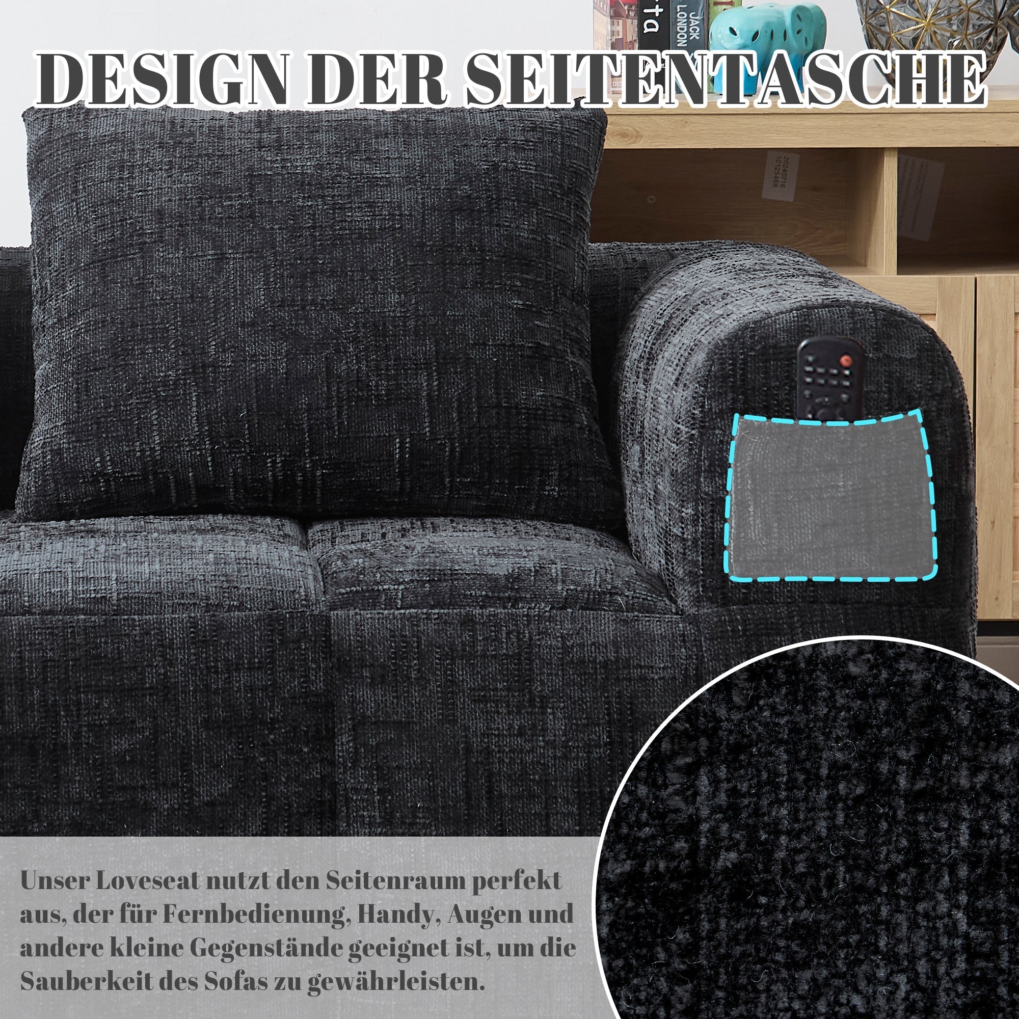 Sofa 2-Person Plush Cushion Side Pockets, No Assembly, Black