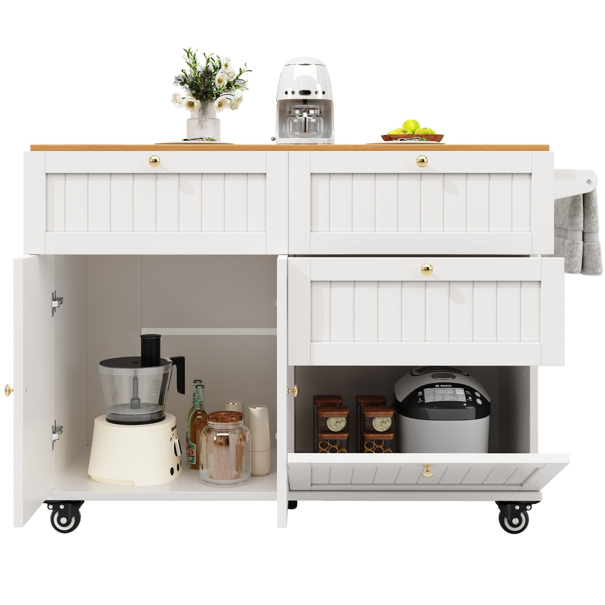 Modern Kitchen Island Extendable Dining Table Storage & Mobile - White
