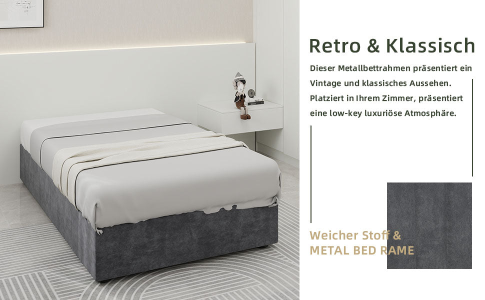 Modernes Bettgestell in schlichtem Stil 90 x 200 cm Gasdruckfeder Stauraum Holländischer Samt Grau
