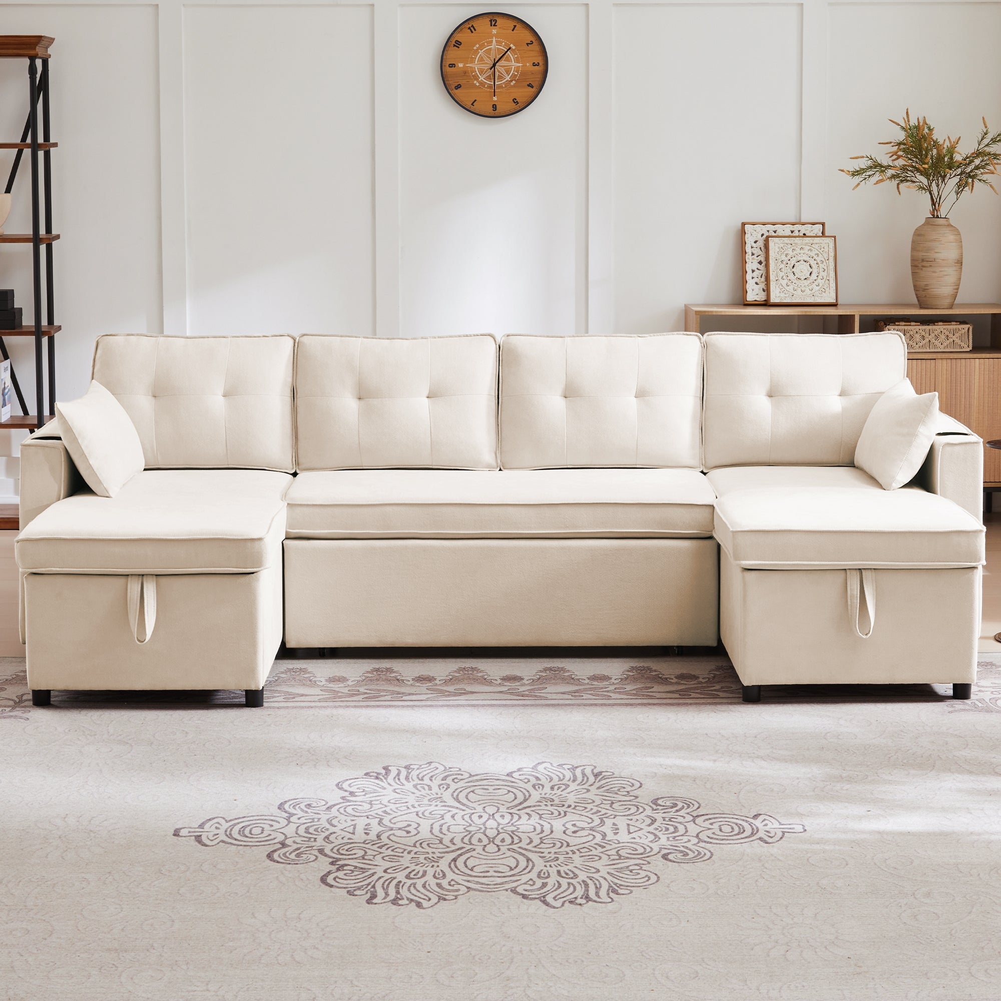 Sofa Bed, U-shaped Sleeper with Cupholder & Storage, Cotton Linen Fabric