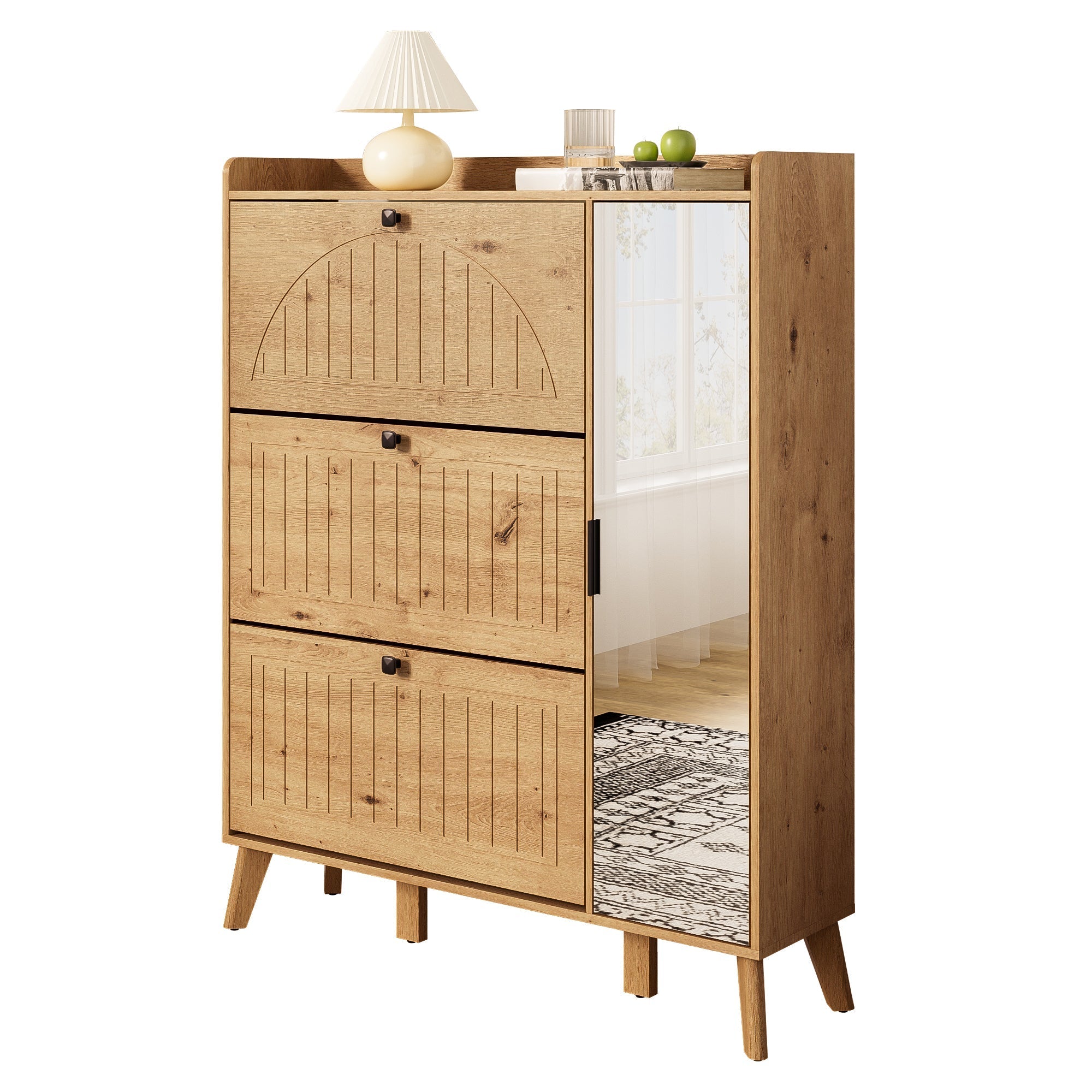 Modern Shoe Cabinet Mirror 3 Flap Doors 110x24x137.5cm