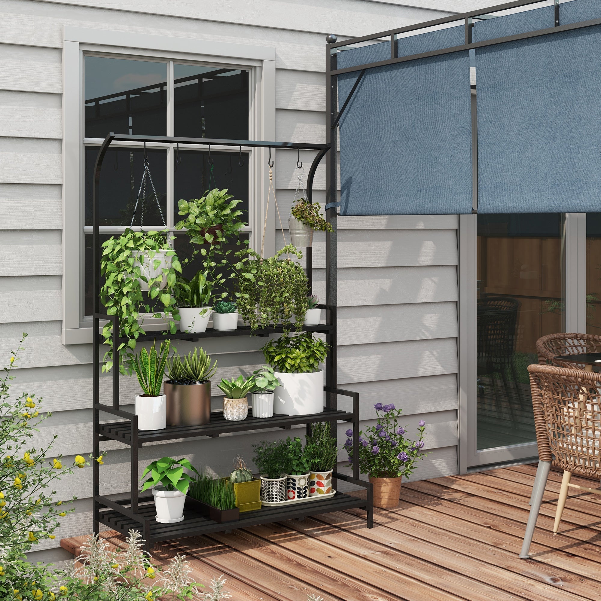 3 Tiered Plant Rack with Hanging Hooks, Indoor/Outdoor Tall Plant Stand, Black