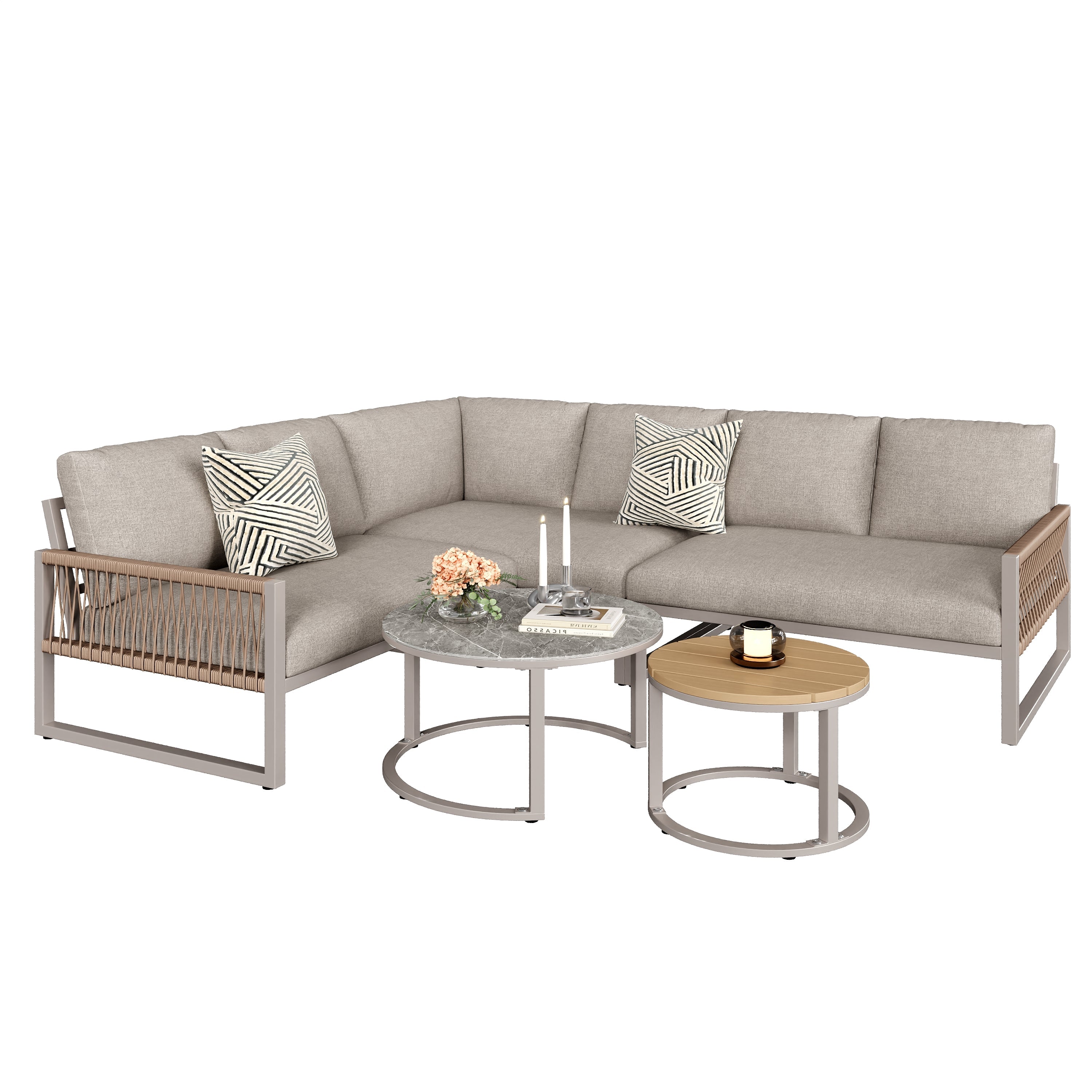 Garden Lounge Set Corner Sofa 6-7 Seater Galvanized Iron Frame - Beige