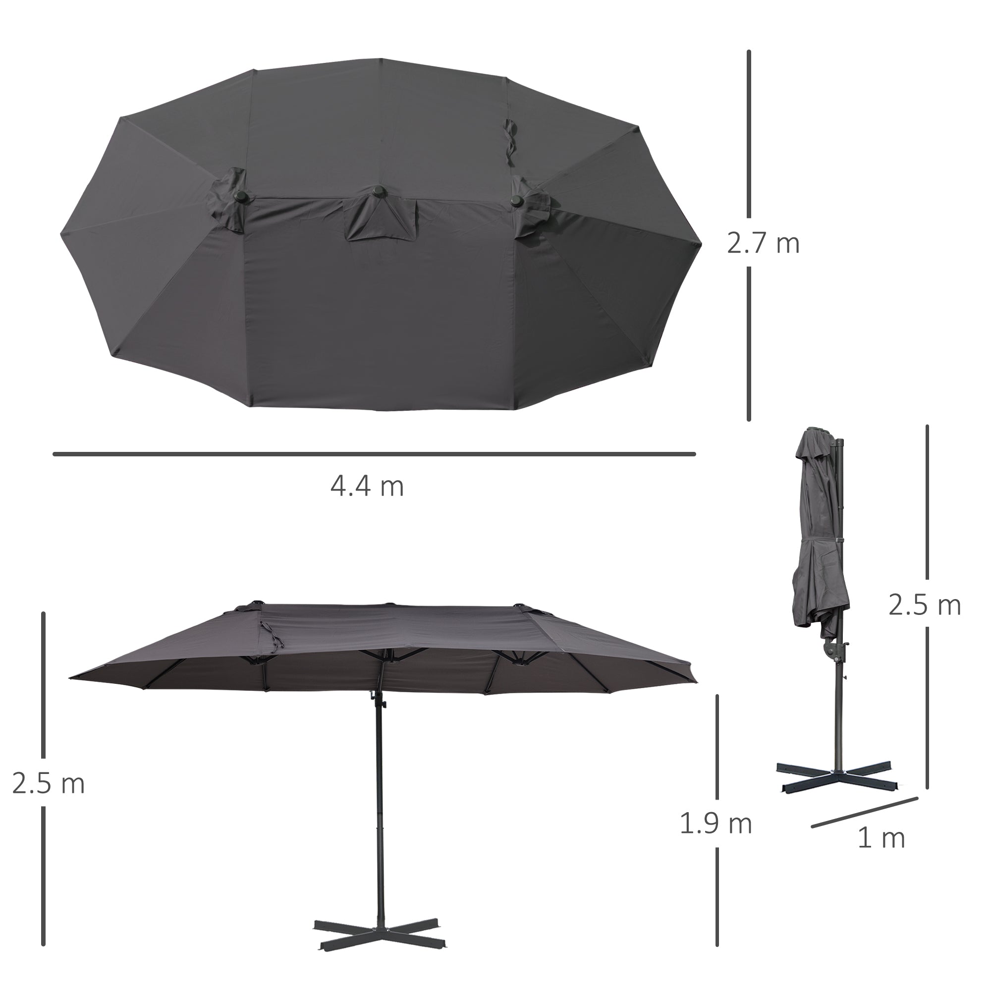 Double Parasol Cantilever Adjustable Garden Sun Protection, Metal Dark Grey