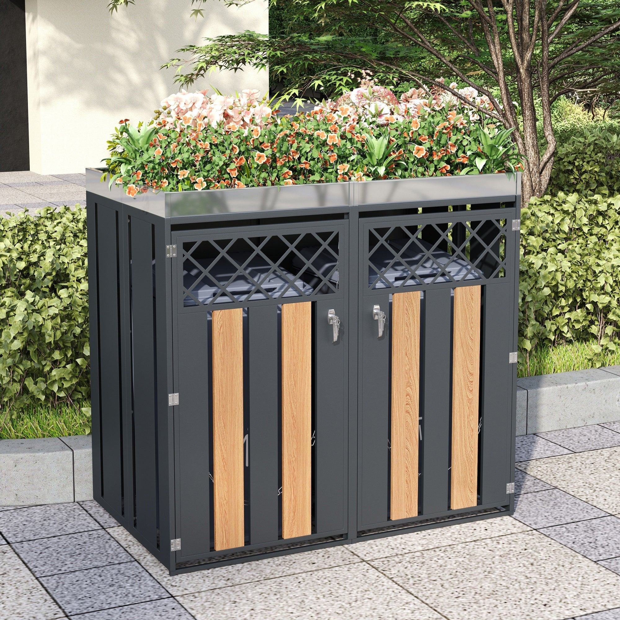 Garbage Can Enclosure with Diamond Ventilation and Planting Area, Lockable 2-Door, Steel