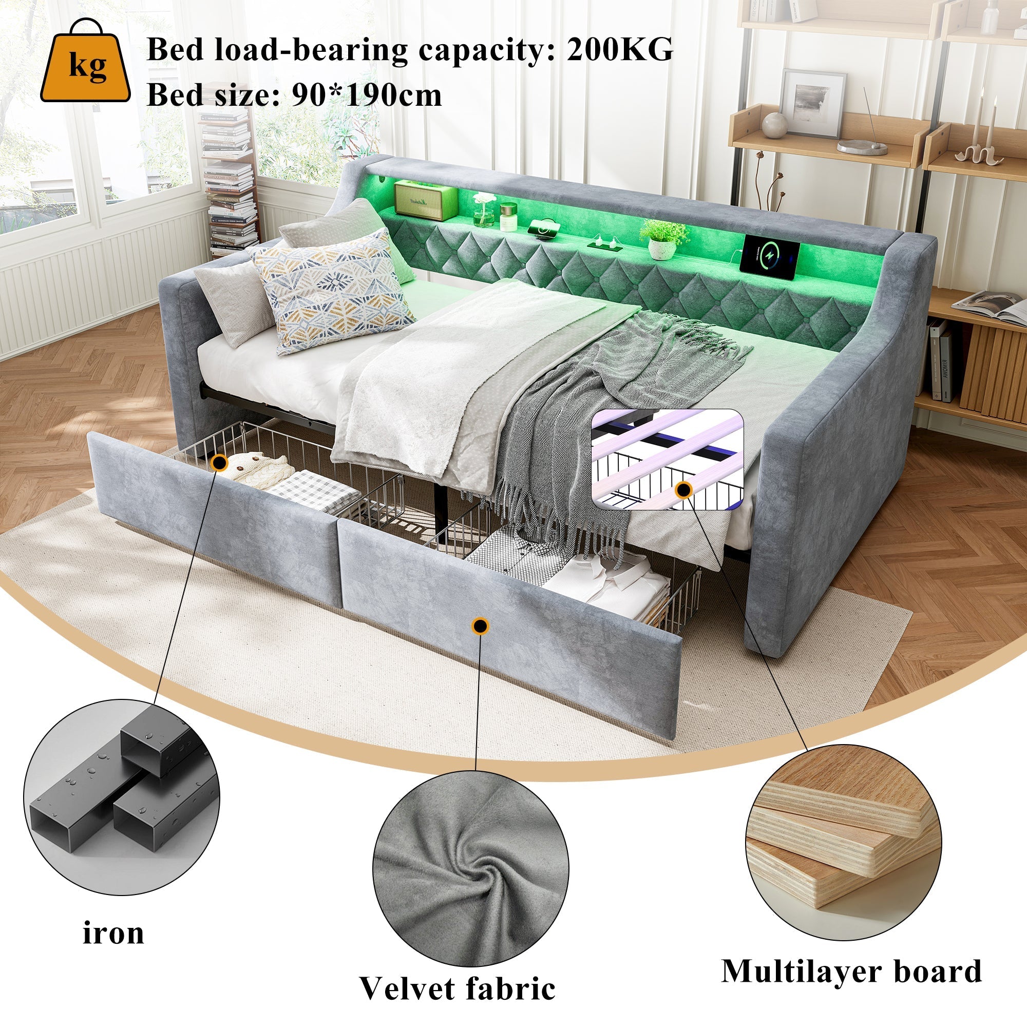Upholstered Bed 3FT Single with Light Strip, Charging Port, 2 Drawers, Velvet Grey