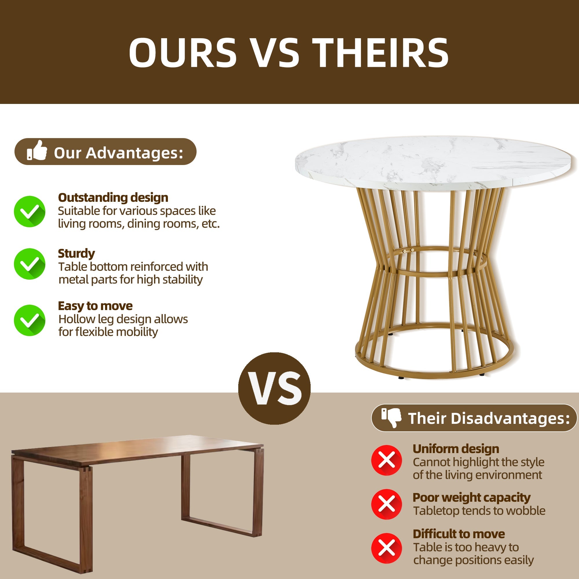 Kitchen Table Modern Marble Sturdy Metal Frame White/Gold