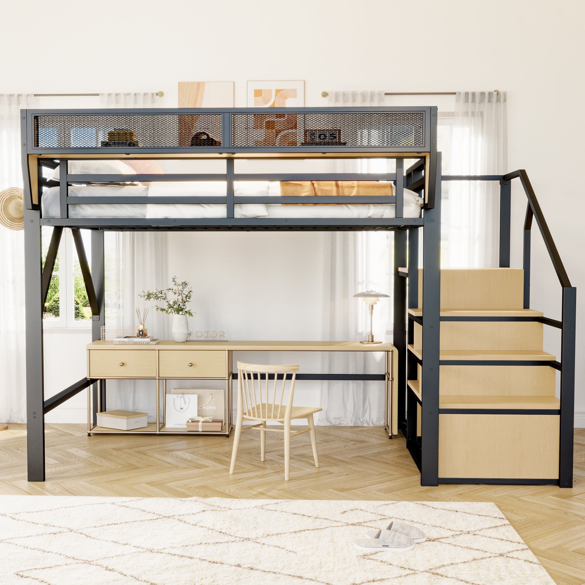 Loft Bed 140x200 Safety Ladder Flexible Storage Metal Black