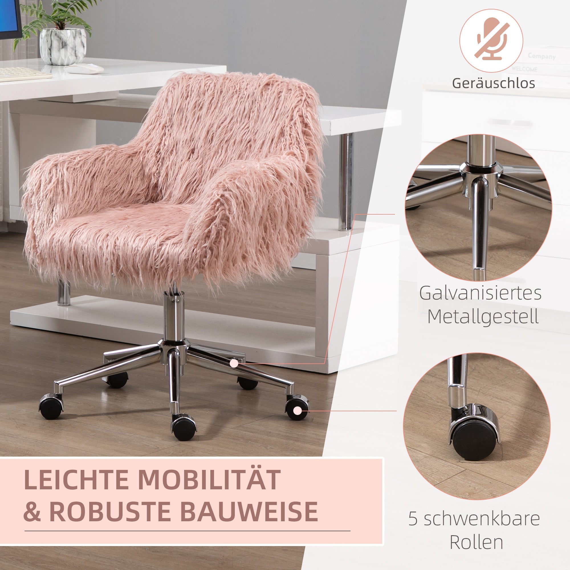 Women's Office Chair Ergonomic Height-Adjustable Faux Fur Pink/Silver