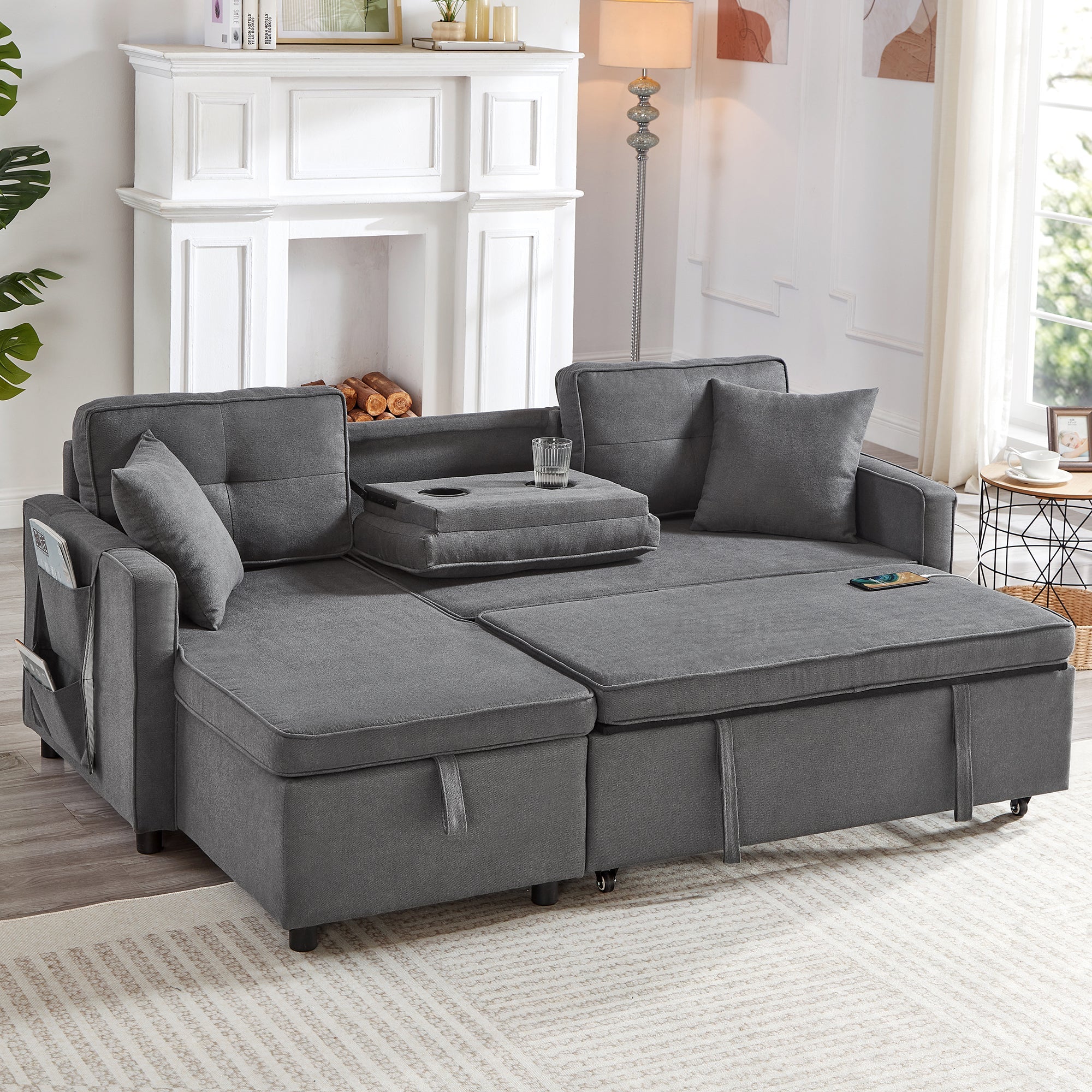 L-Shaped Pull Out Sleep Sofabed, Modern Reversible Sleeper Sectional Sofa with Storage Chaise, Drop-Down Table, Cup Holders and Charging Ports, Grey