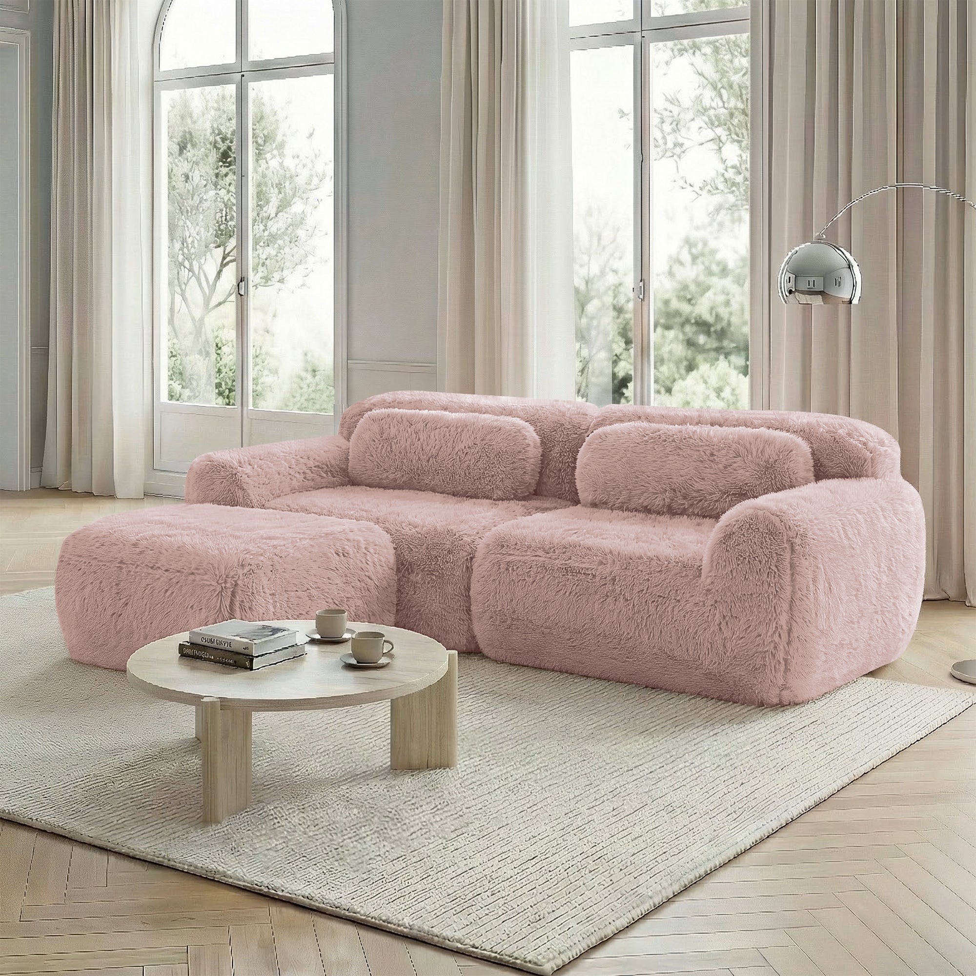 L-Shaped 2-Seater Sofa Modular Plush Fabric No Assembly - Pink