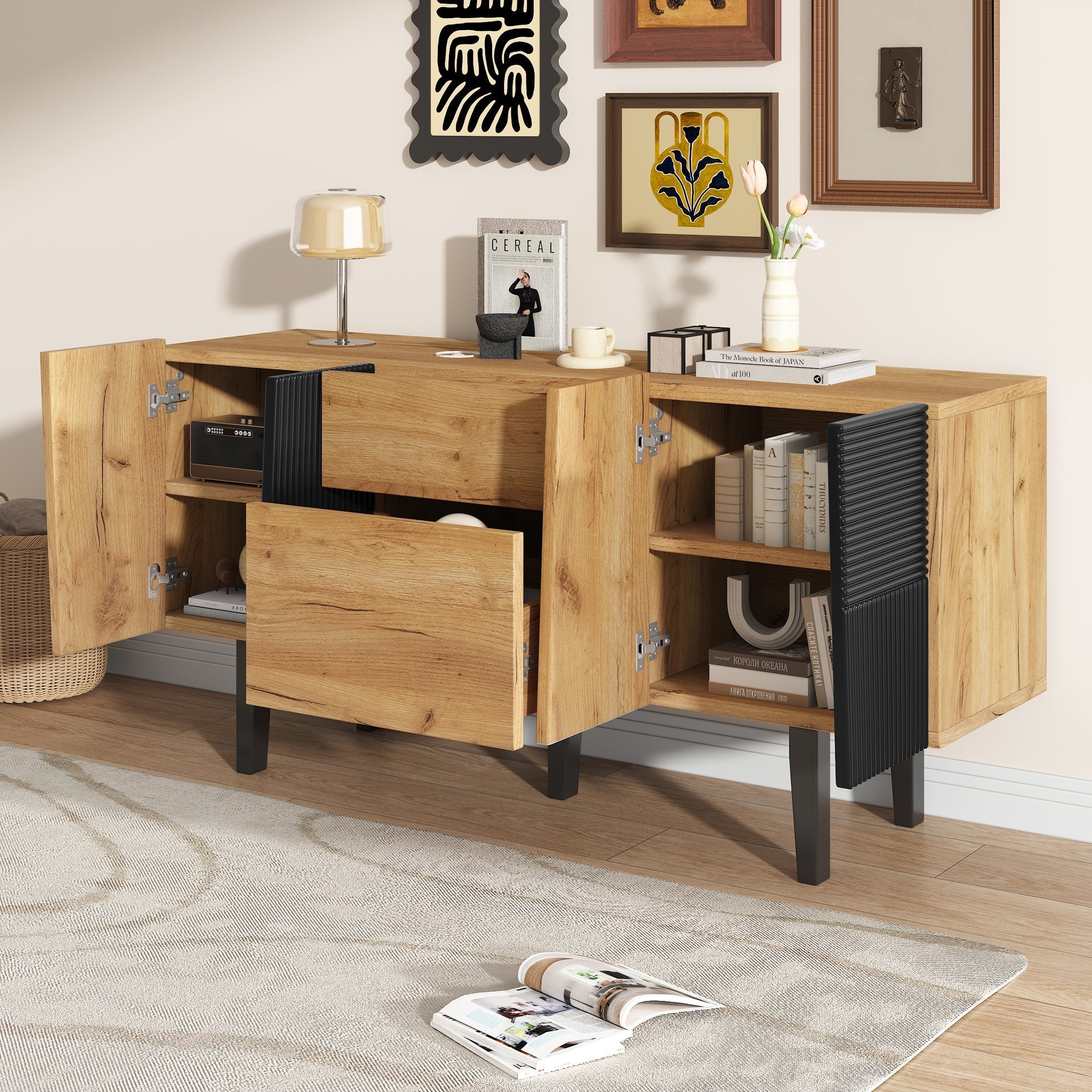 Contemporary TV Cabinet with Storage for 60" Televisions, Wooden Entertainment Center