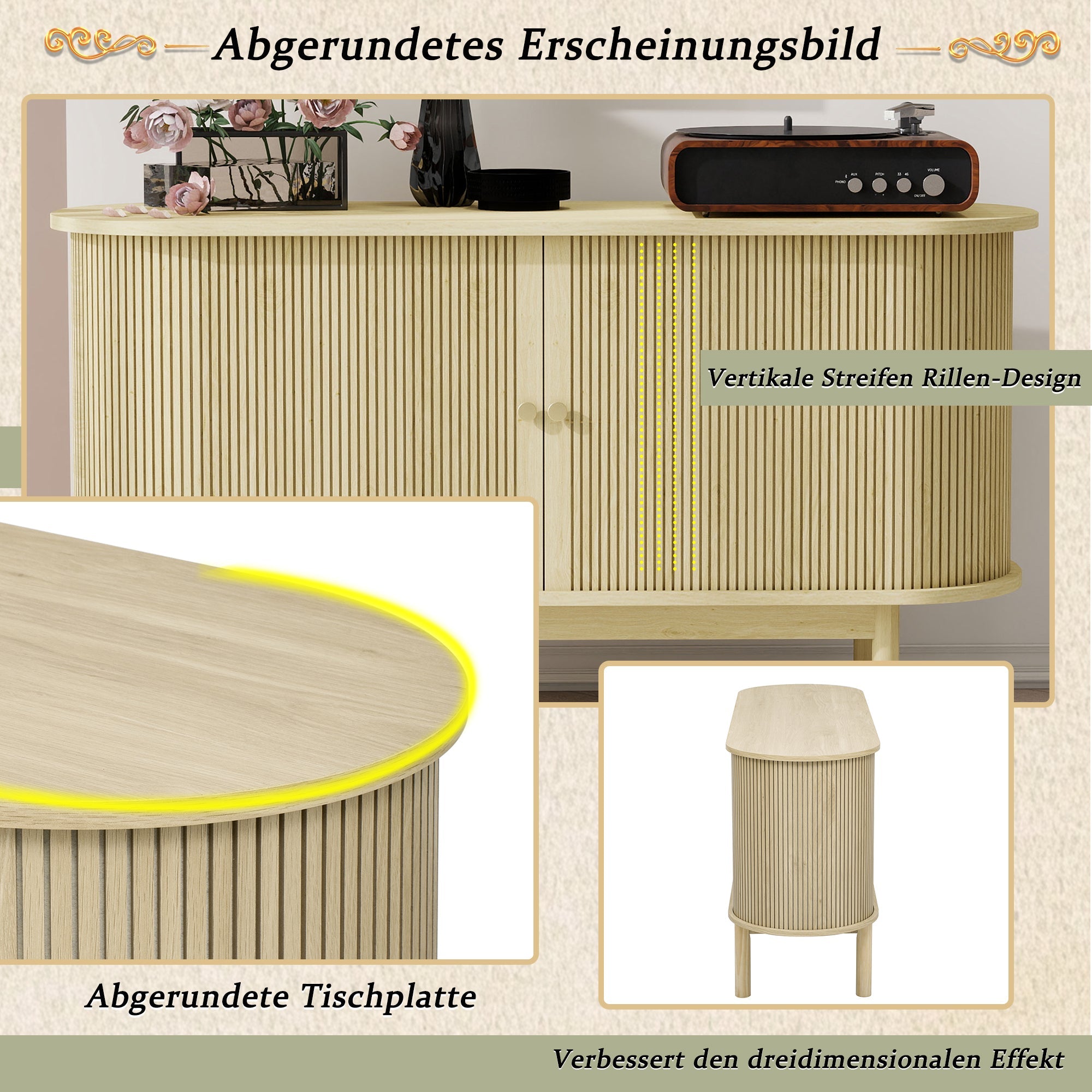 Sideboard, Retro Modern Slatted with Sliding Doors, 138cm Adjustable Shelves, Natural Wood