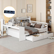 Solid Wood Sofa Bed, 140x200 cm, with Desk, Bookshelf, Storage, Power Outlet, White