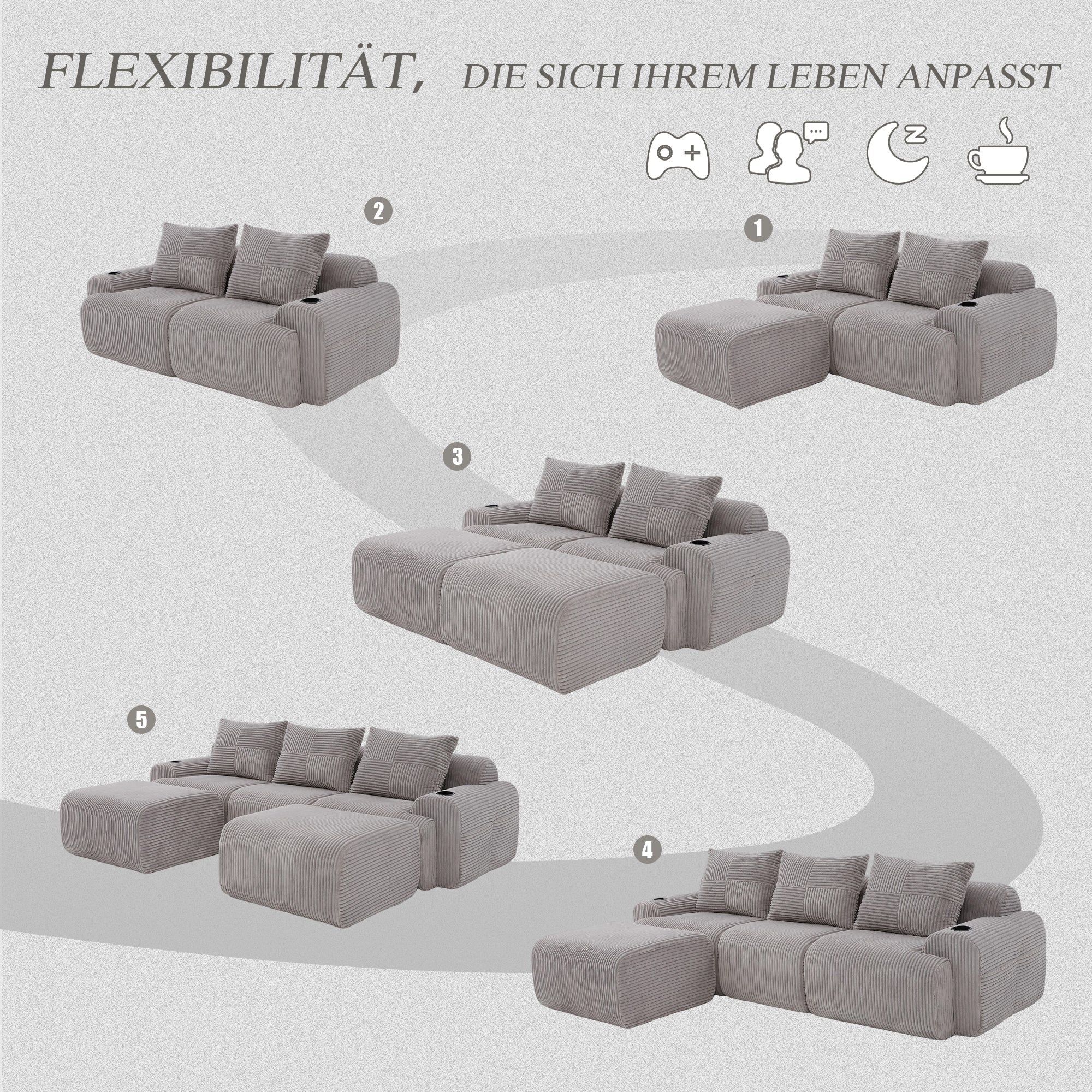 Modular Corduroy Sofa 3-Seater 2 Ottomans Cup Holders Storage Light Grey