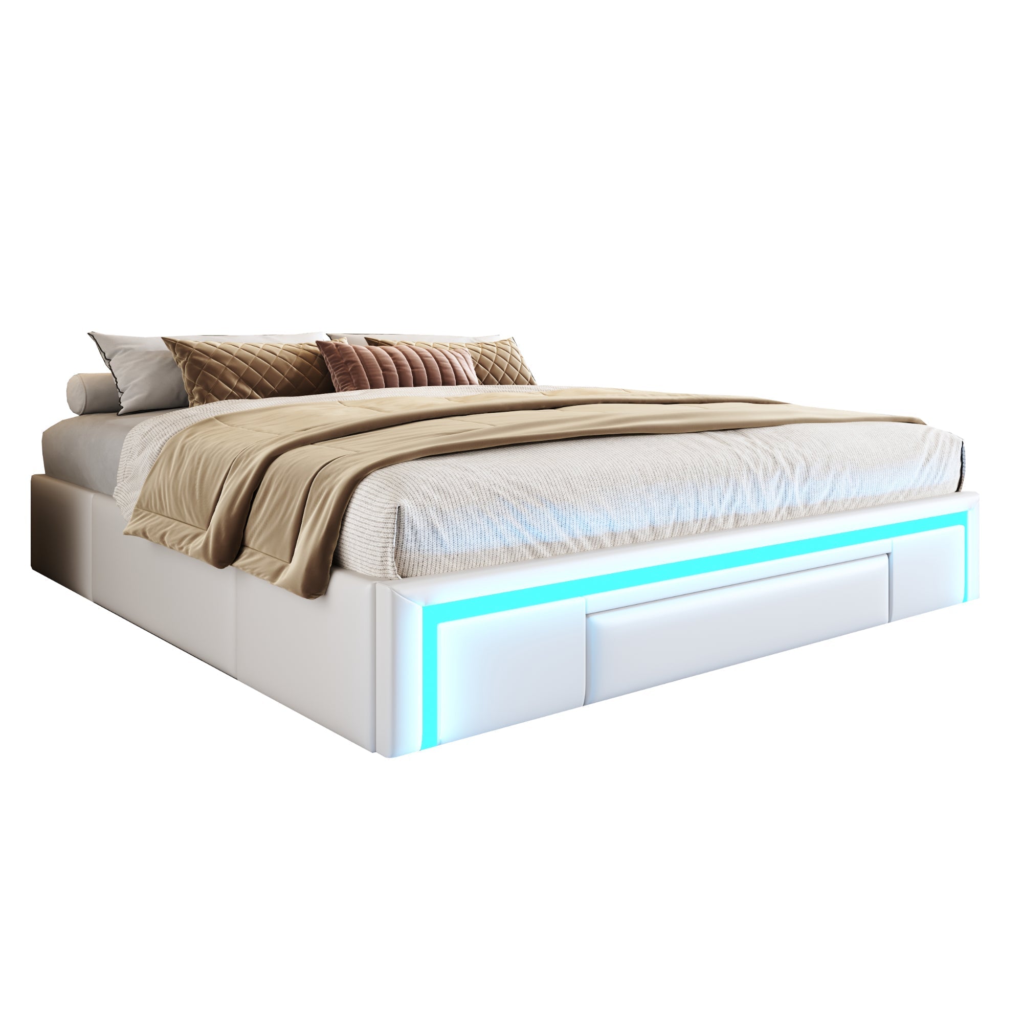 PU-Leder-Bettgestell mit Schubladen und LED-Beleuchtung, Beige/Grau
