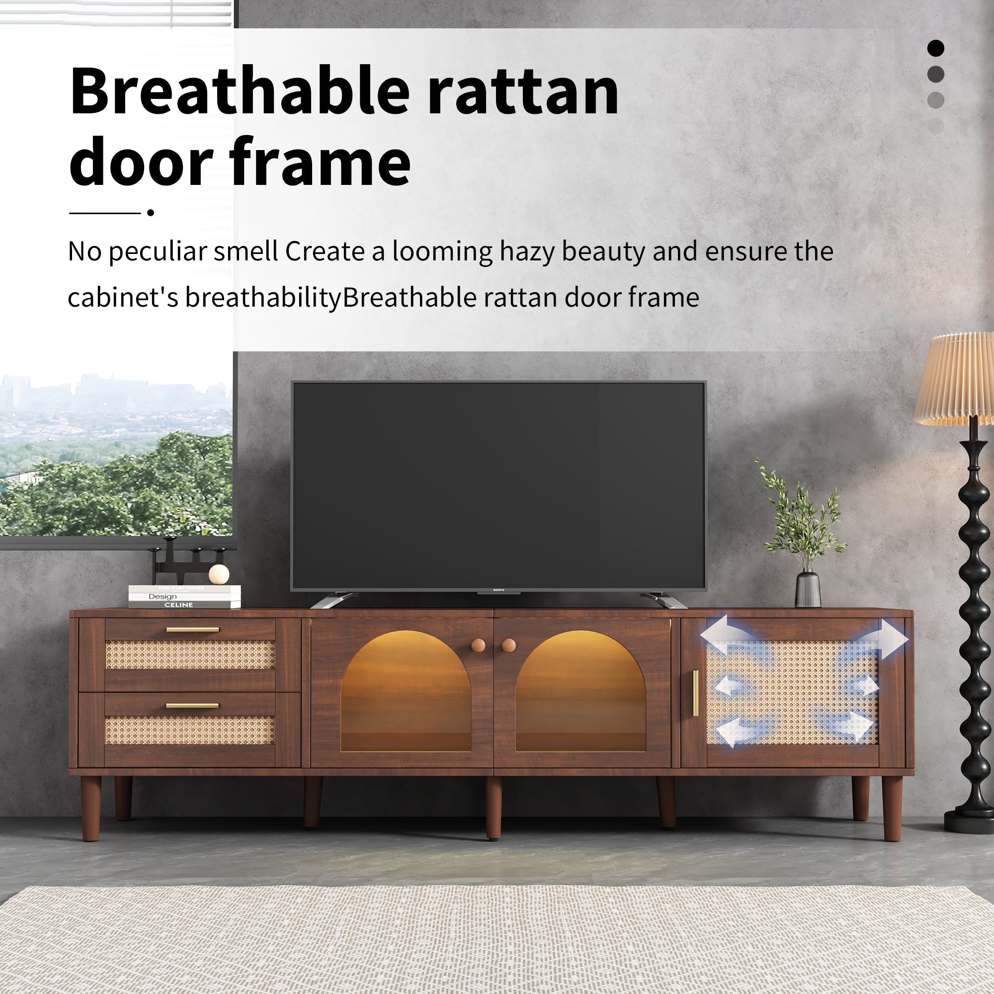 TV Cabinet 180cm, for 80-inch TV with 2 Rattan Drawers, 2 Curved Glass Doors, 1 Rattan Door & LED Lighting, Brown