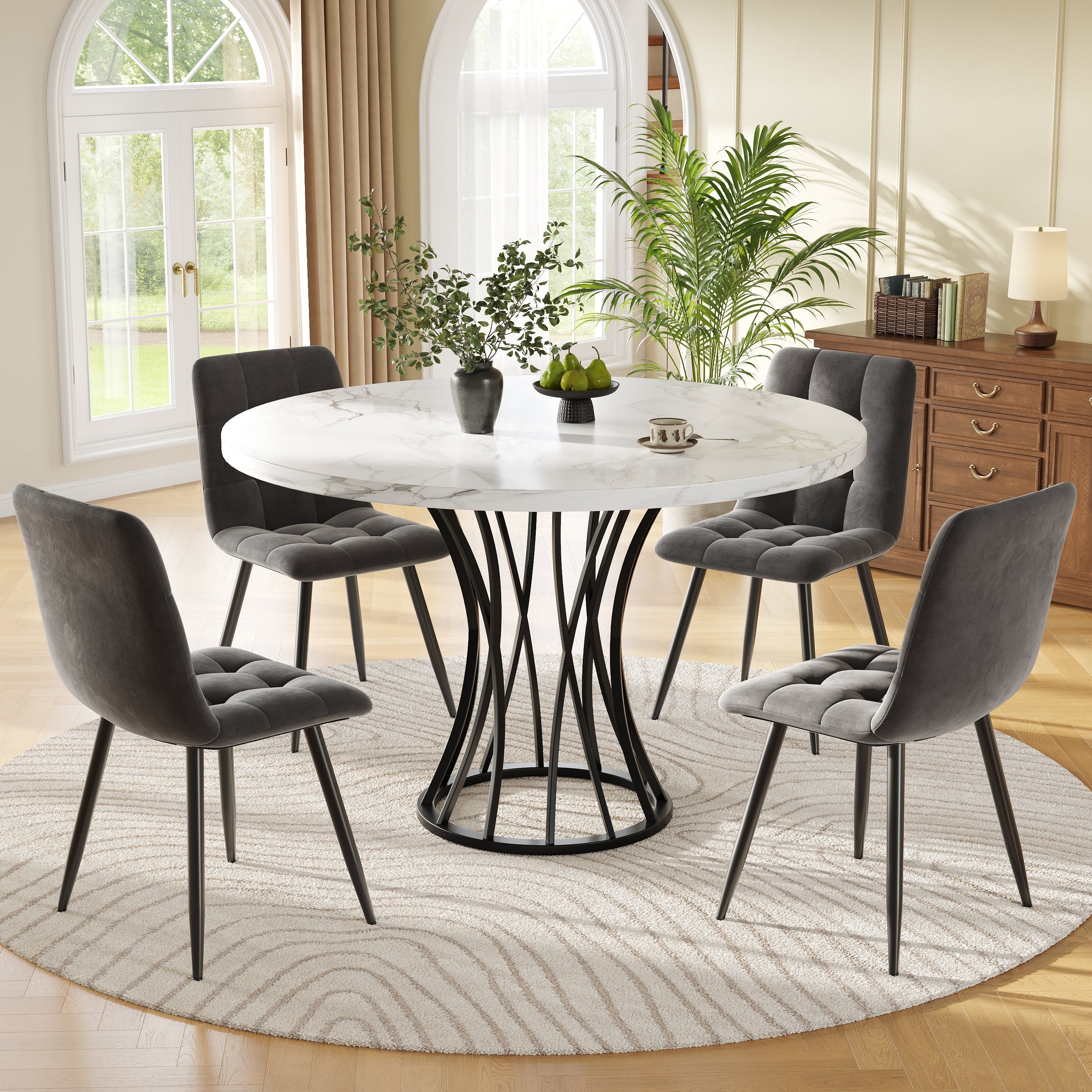 Dining Table Set 5-Piece Round 80cm Marble Top 4 Chairs - Grey Velvet