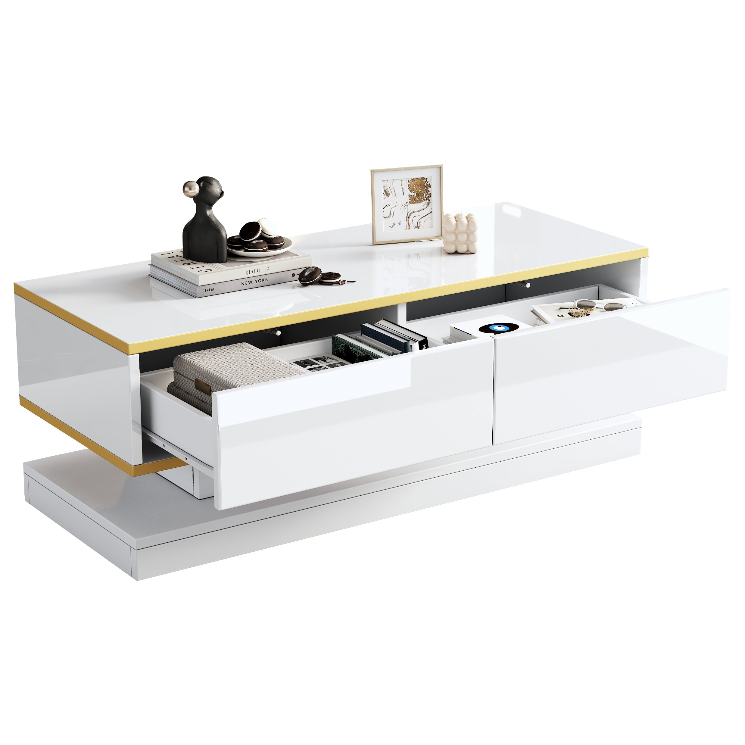 Coffee Table 100x50x38cm High Gloss with 2 Drawers, Warm White and Gold Edge