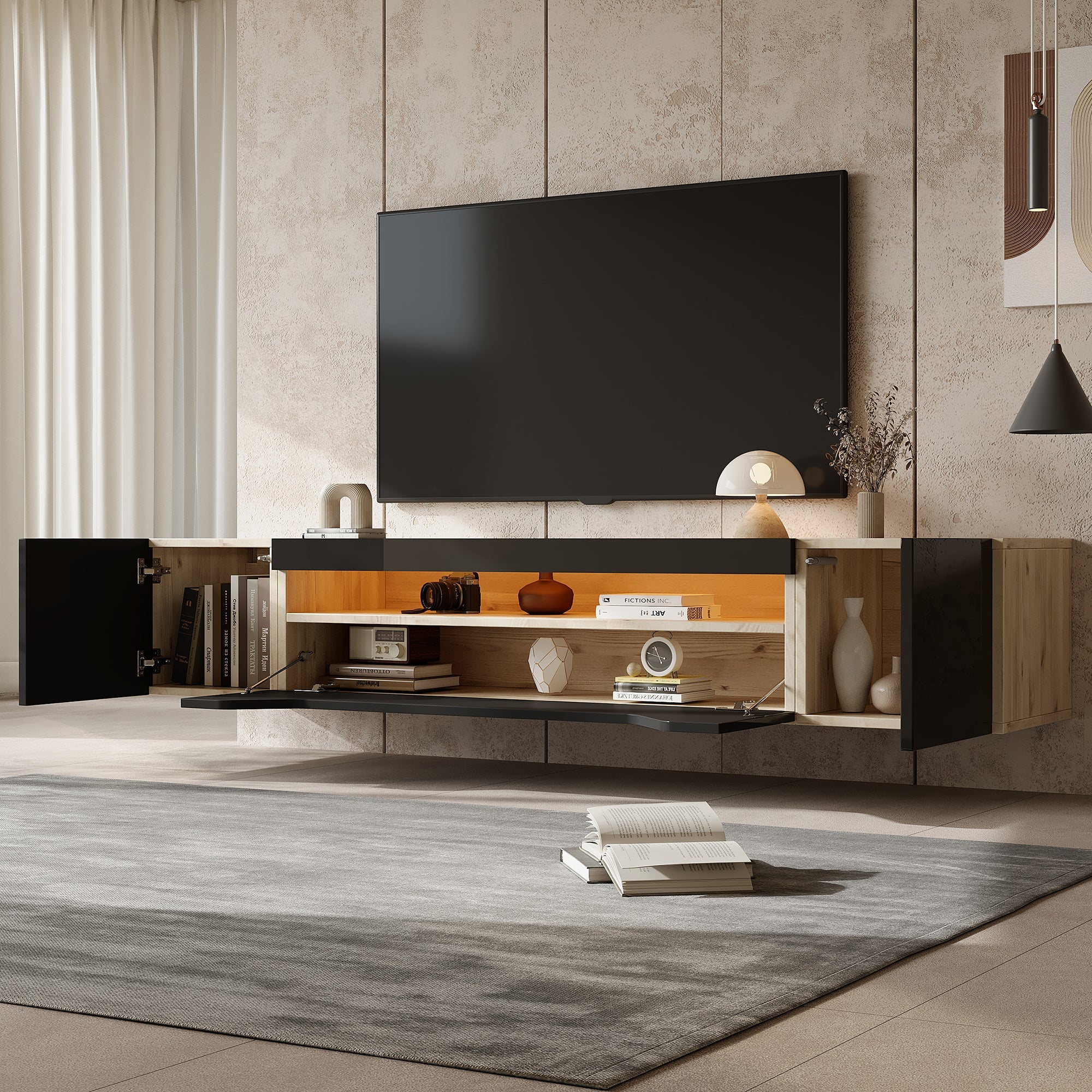TV cabinet, 3 storage compartments, lowboard, floating wall board, LED light, wall-mountable, suitable for 75-inch TVs, black and wood color
