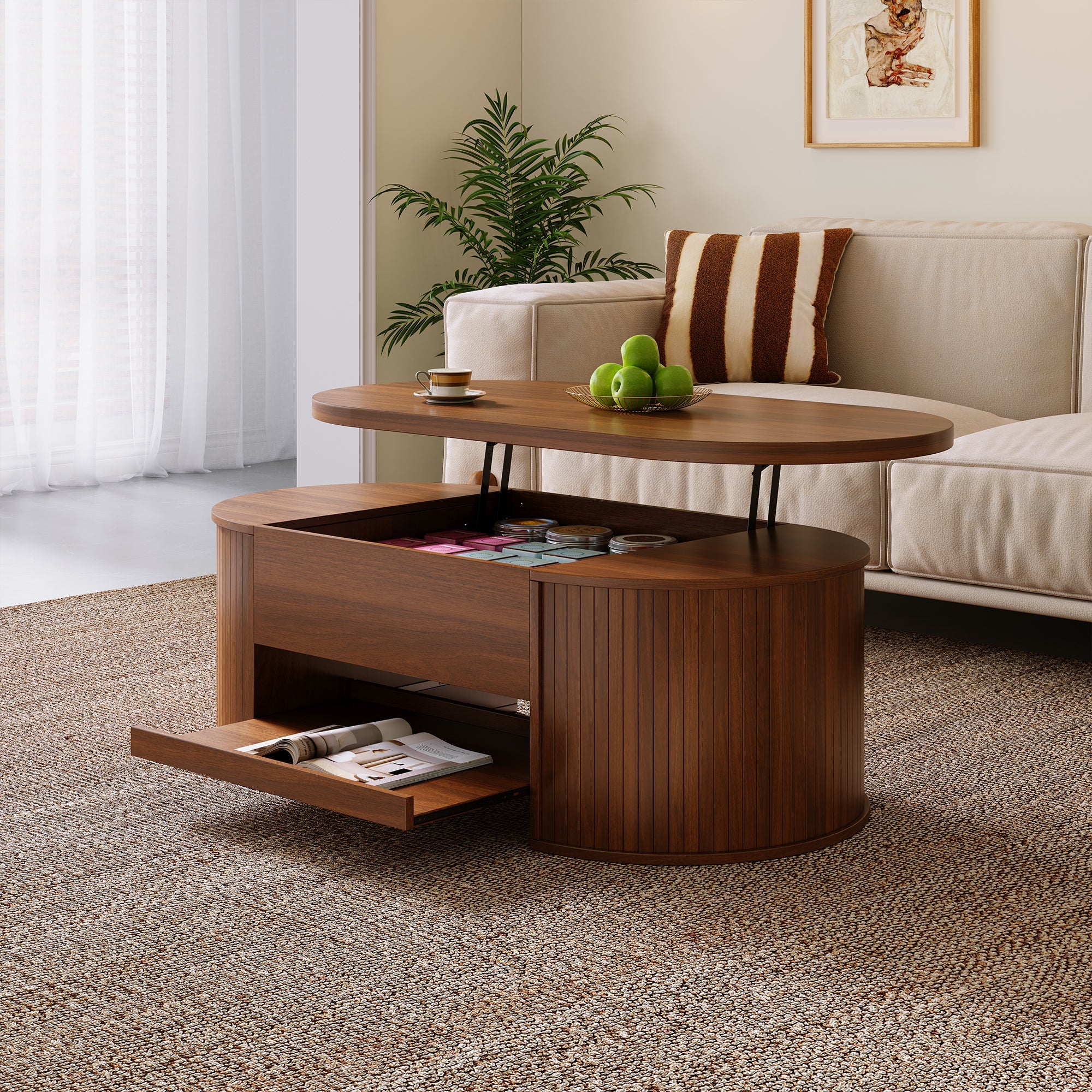 Liftable Coffee Table, Curved Sides Pull-Out Shelf Multifunctional, Wooden