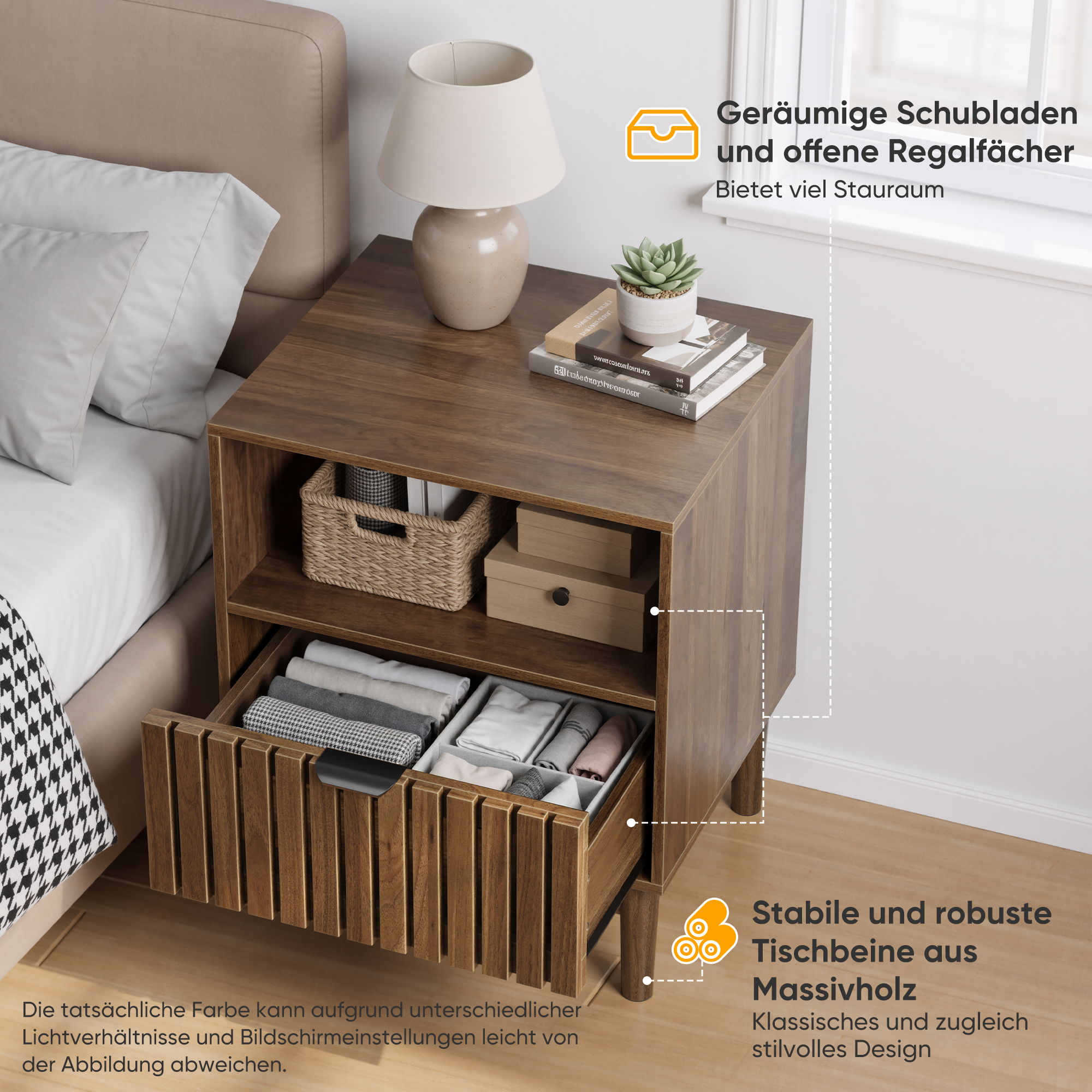 Modern Nightstand with Slatted Base and Drawer, 45x39x56.5cm, Walnut Wood Color