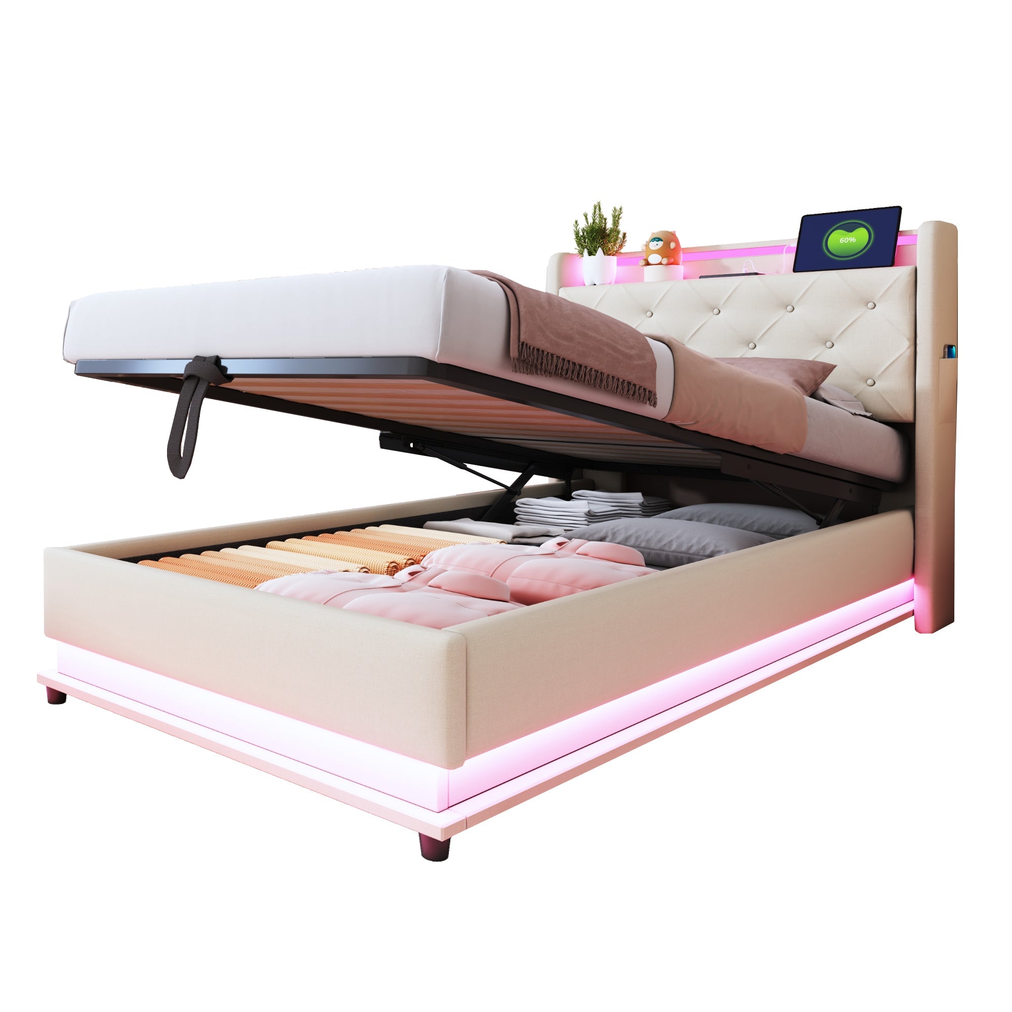 Children's Upholstered Bed 90*200cm, Lights, USB, Storage, Beige Linen