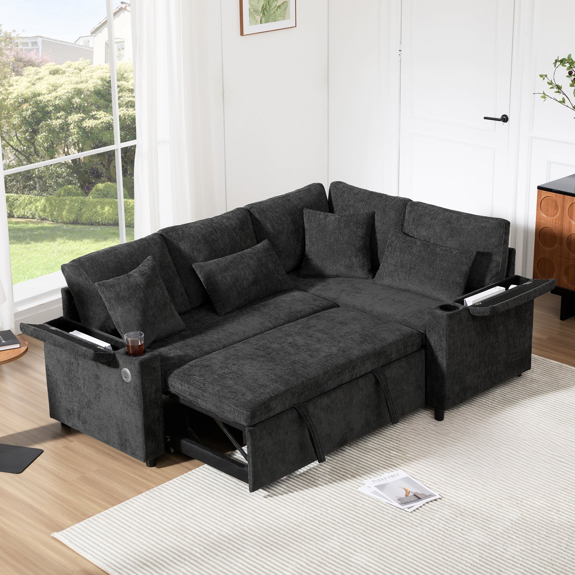 L-Shaped Extendable Sofa, Convertible Chaise Storage USB Cup Holders, Gray