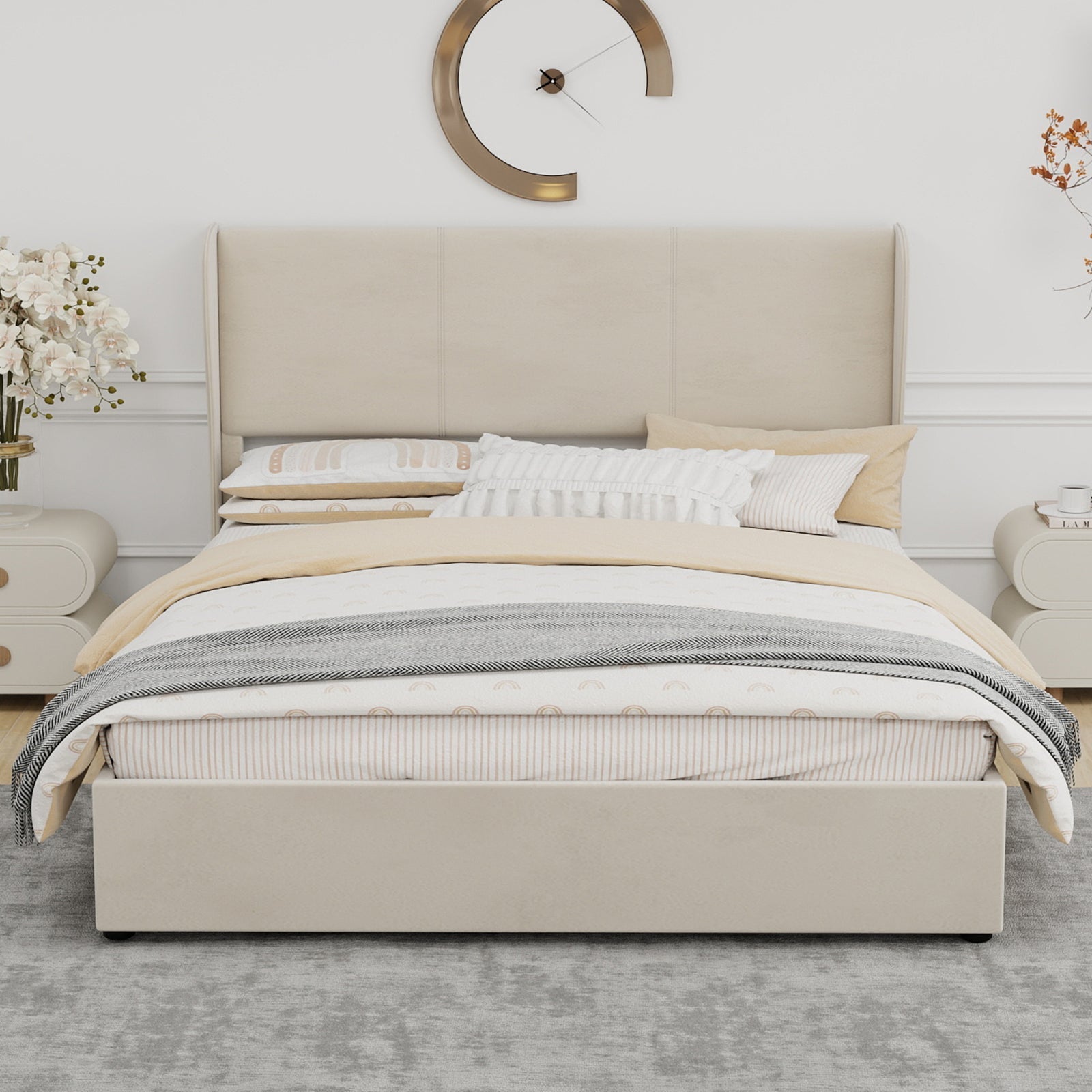 Upholstered Bed 160x200cm Gas Lift Storage Soft Headboard - Beige