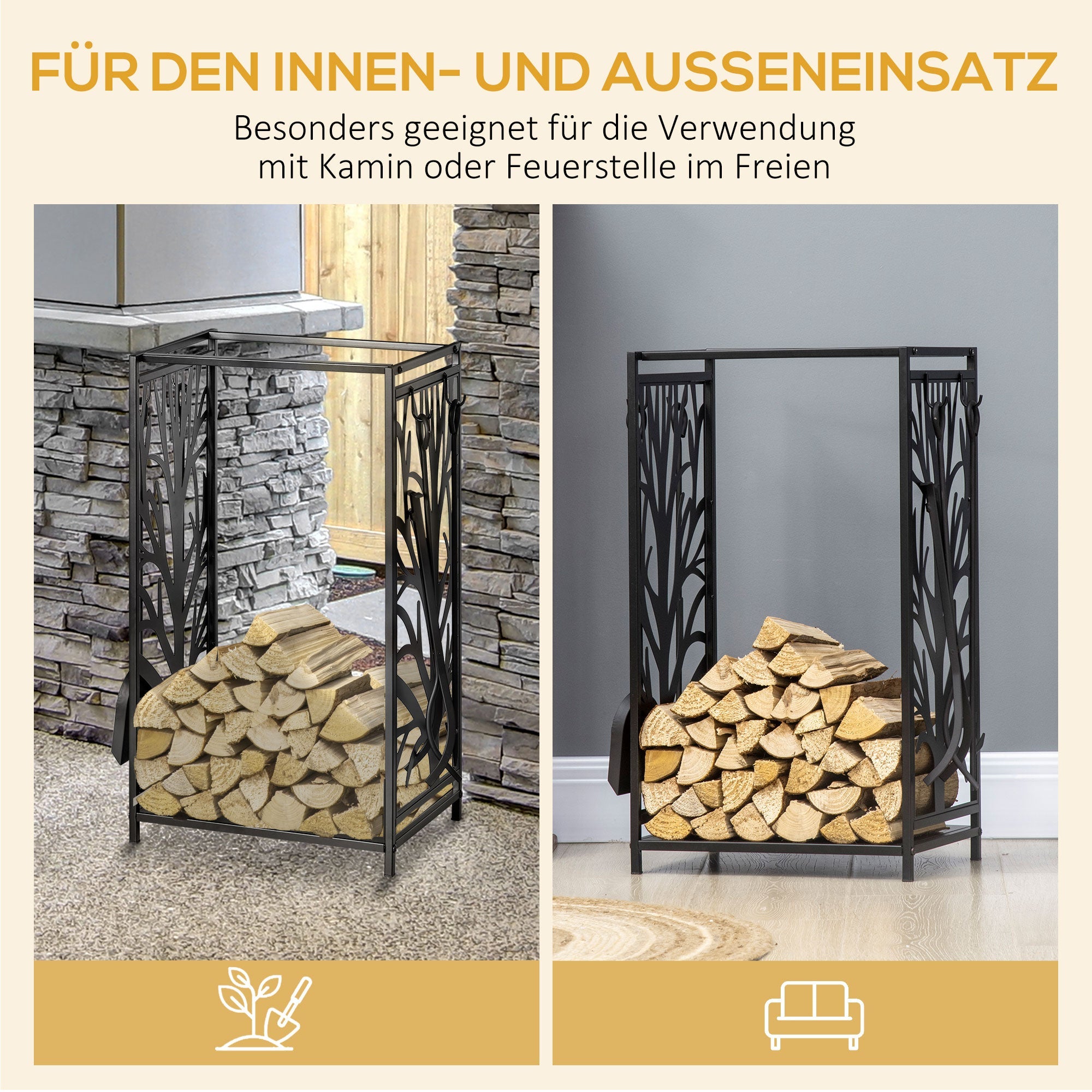 Kaminholzregal mit Werkzeug, Stahl, schwarz
