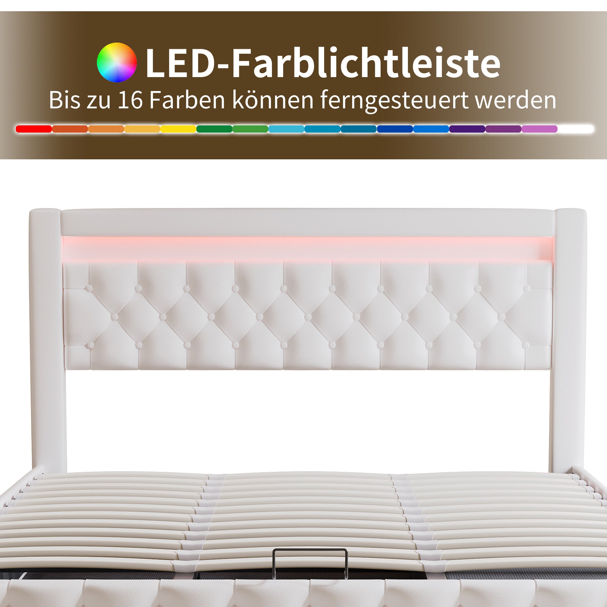 Upholstered Double Bed with LED Lights, Drawers and Slatted Frame, 160x200cm, White PU