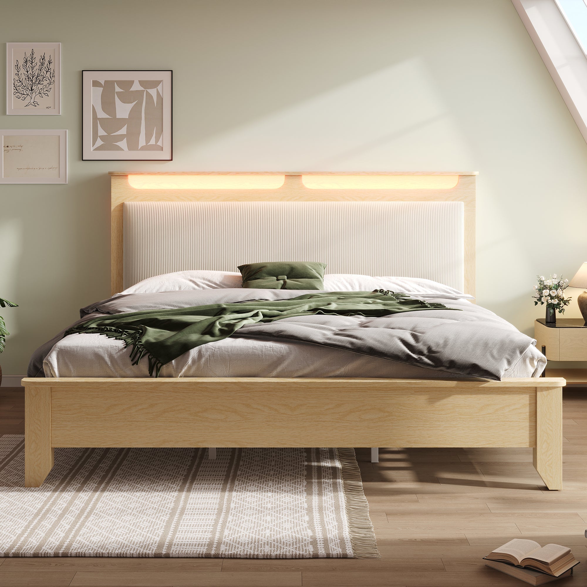 Double Wooden Bed, 160x200cm LED Headboard with Storage, Light Oak