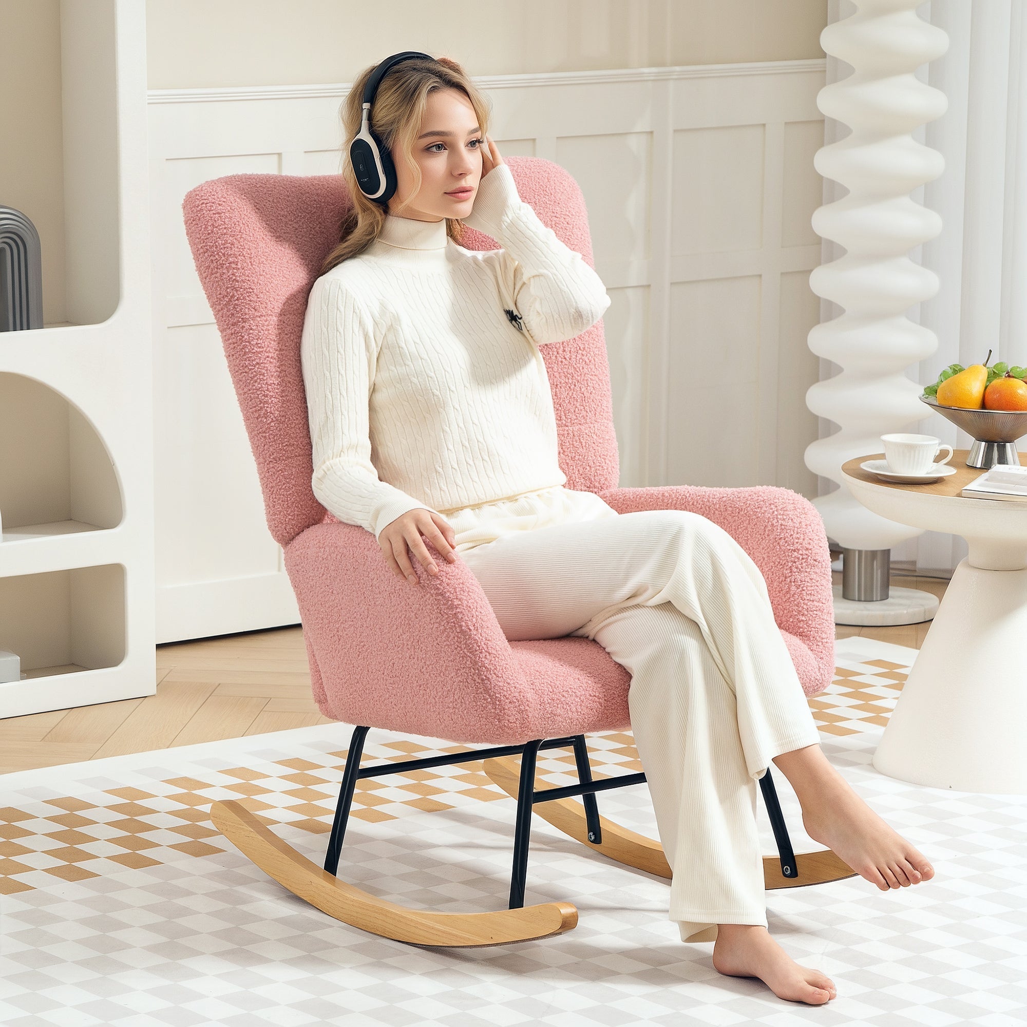 Rocking chair with armrests, teddy velvet, pink