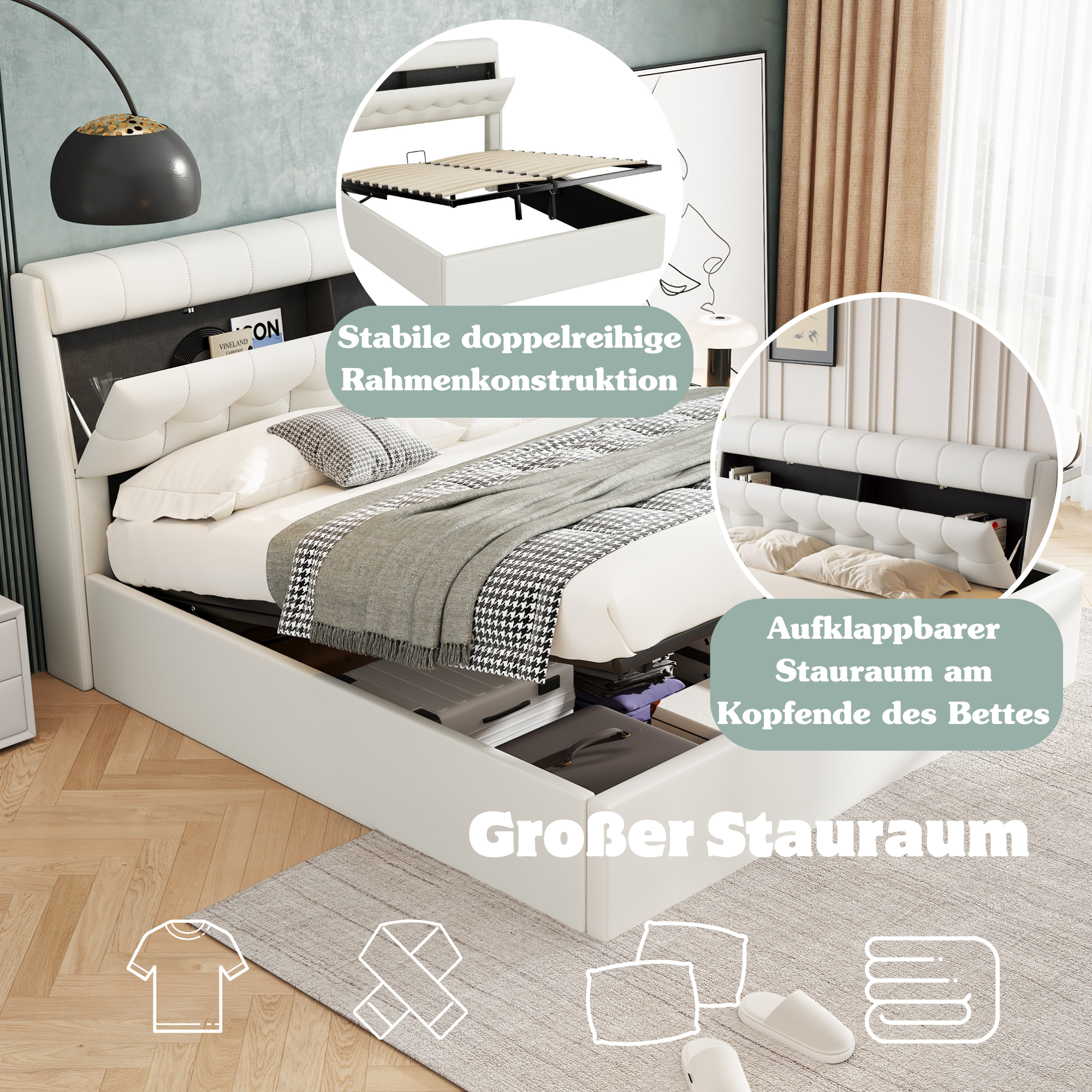 Stylish Upholstered Bed 140x200 Hydraulic Concealed Storage PU White