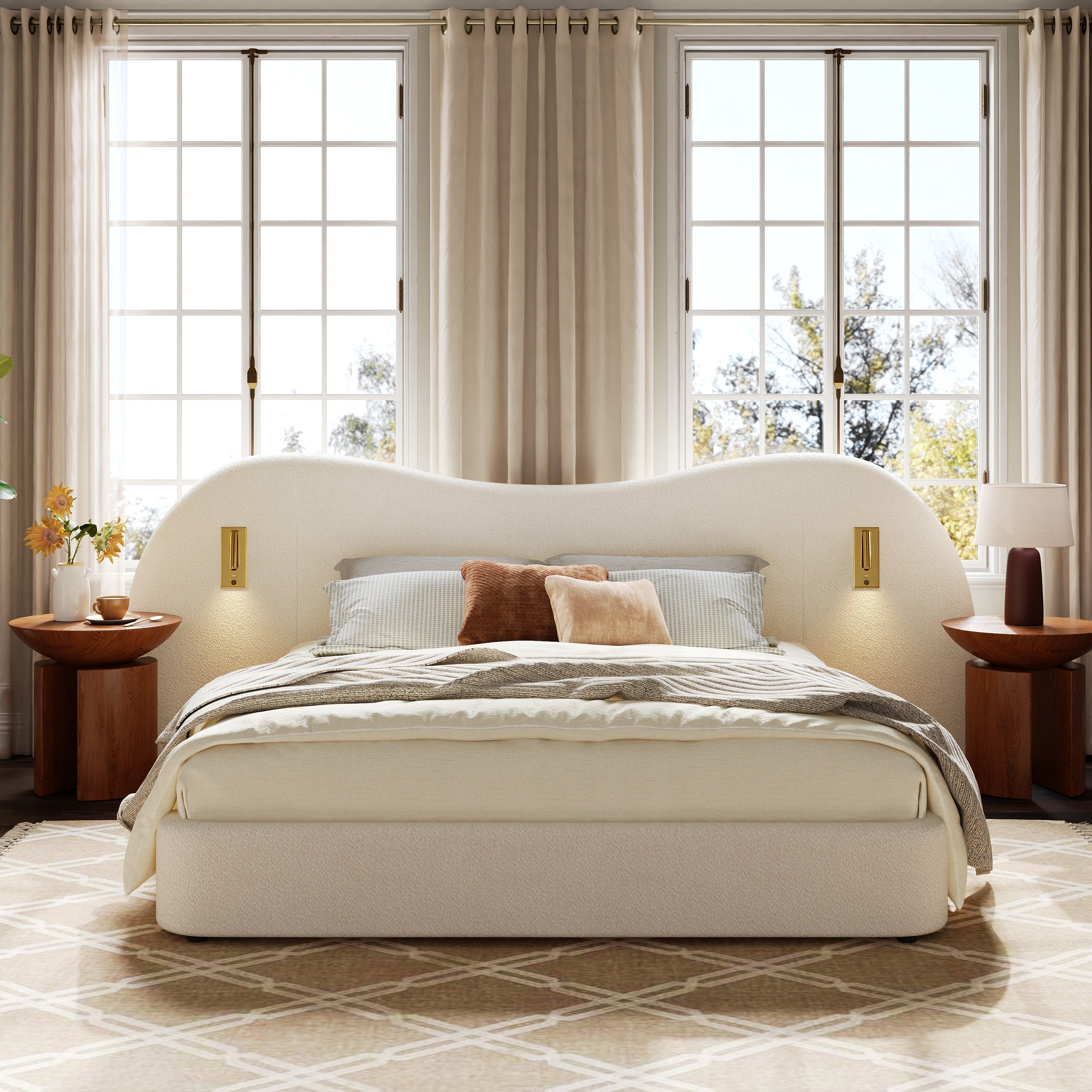 Upholstered Double Bed 180x200cm Hydraulic Storage USB Reading Lamp White Bouclé