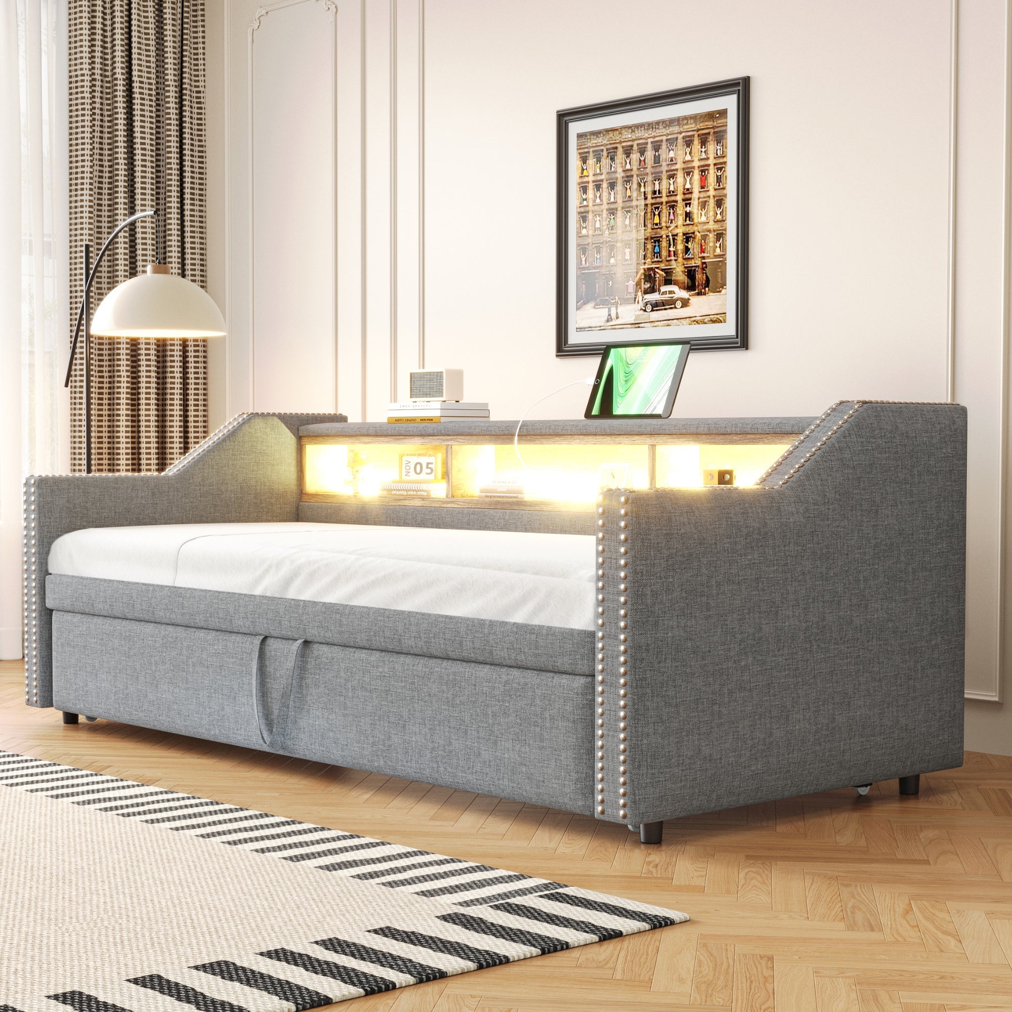 Upholstered Sofa Bed Extendable 90/180x190cm Storage LED USB - Light Grey