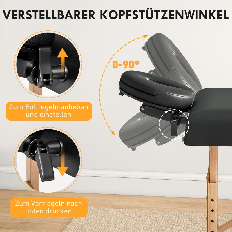 Mobile Massage Table, 2 Zones Foldable Adjustable 70 cm, Black Wooden Feet