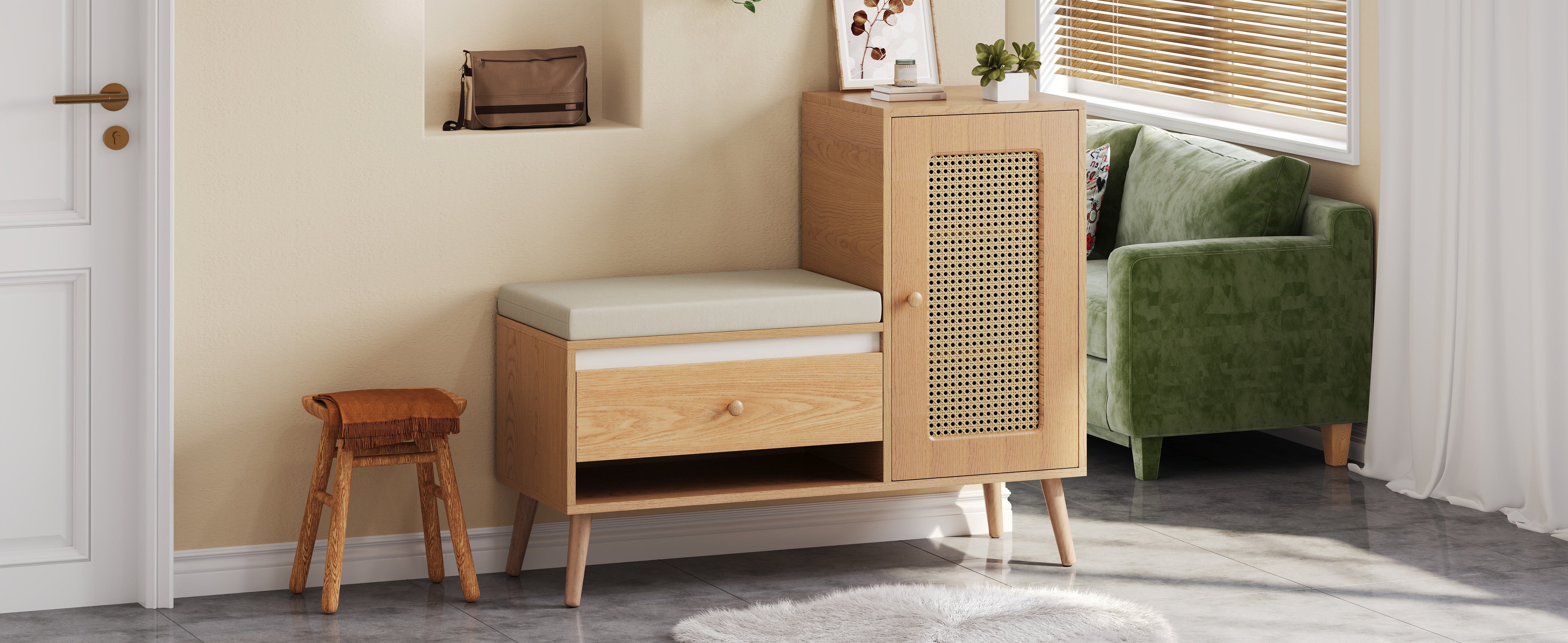 Shoe Cabinet, Entryway Bench with Storage Drawers and Seat Cushion, Rattan