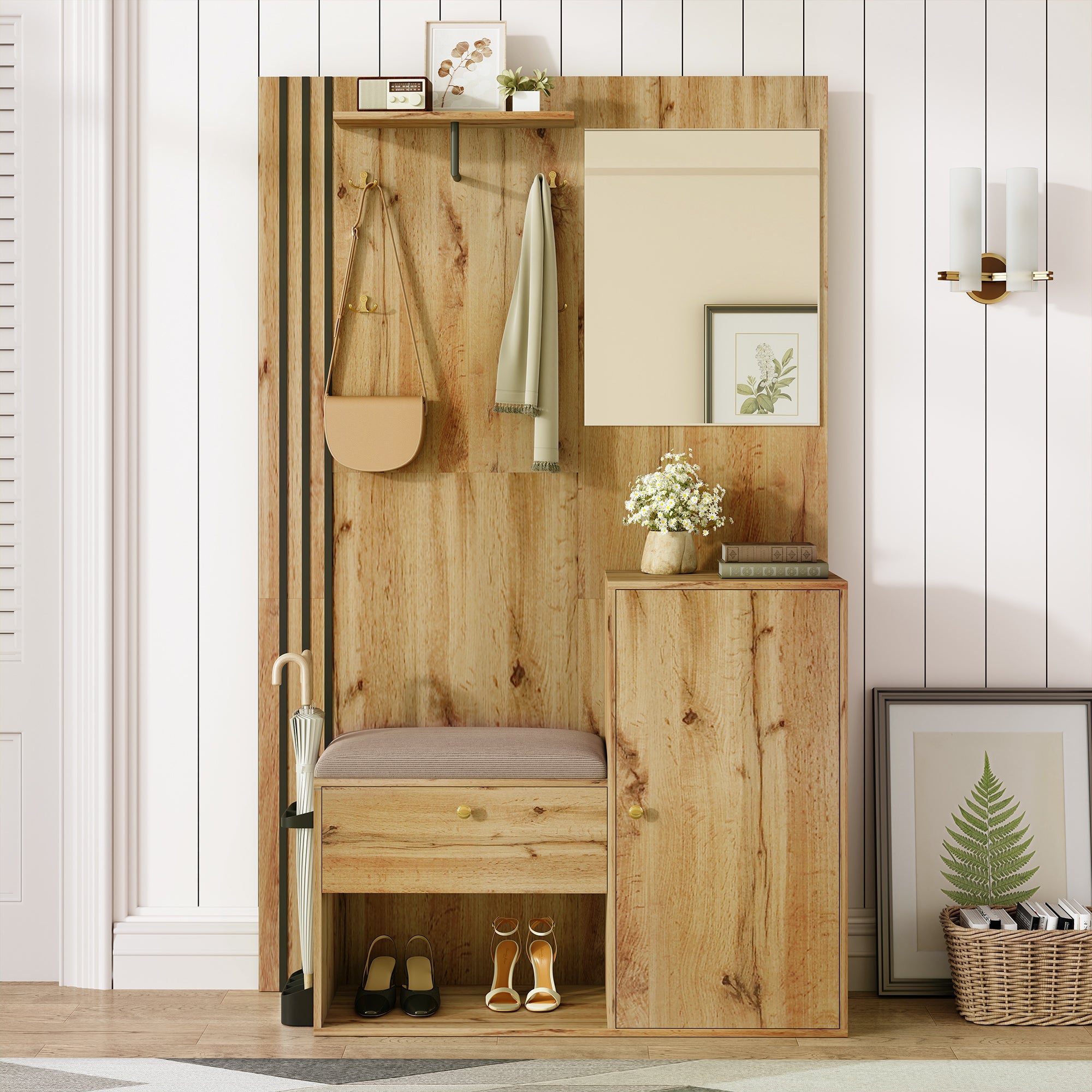 Wardrobe Set, Compact Hallway with Mirror & Cushion, Black Trim