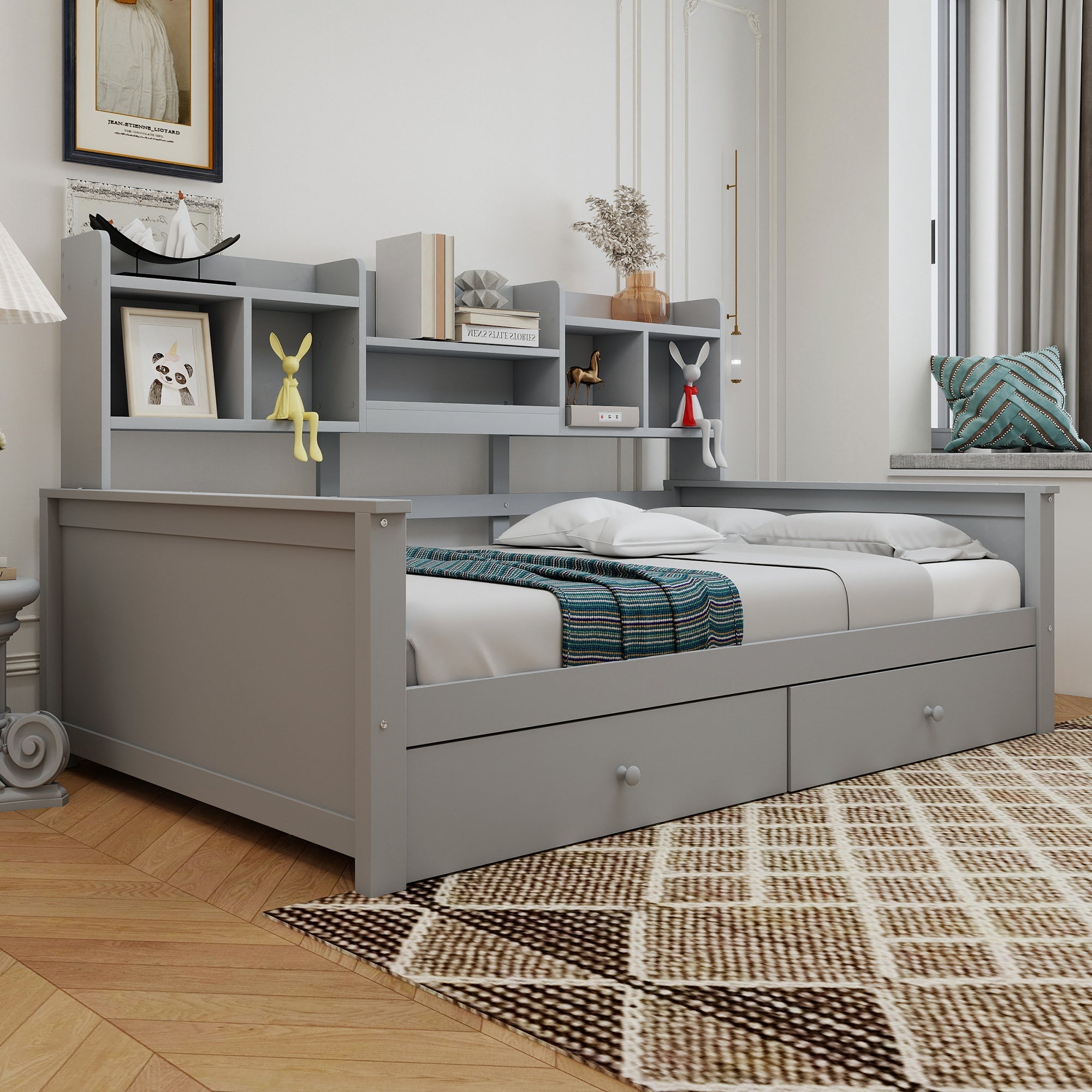 Single Sofa Bed 90x200 with Drawers, Shelves and Slatted Frame, Solid Wood Grey