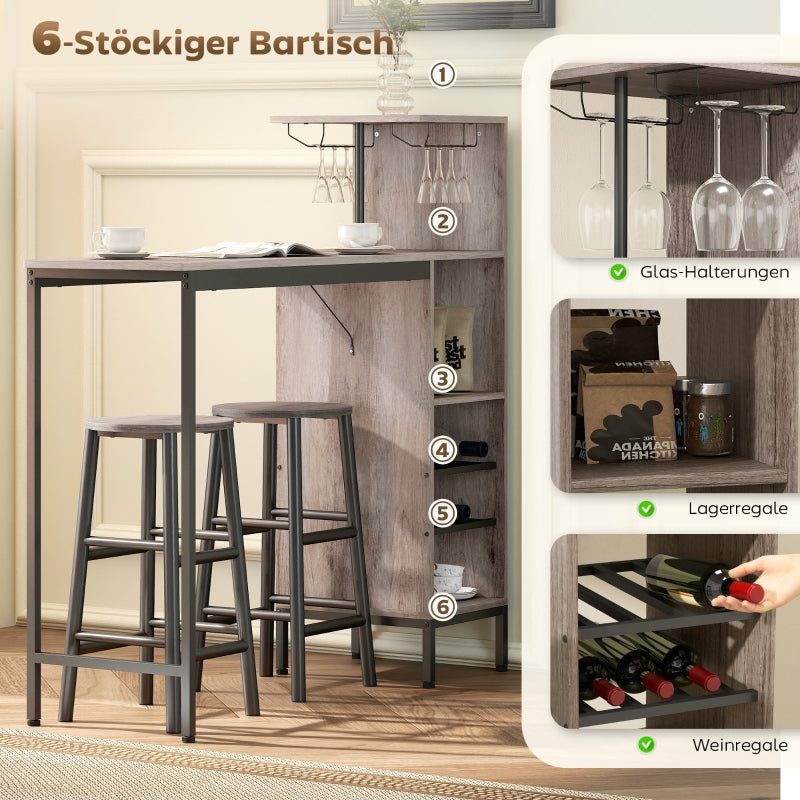 3-Piece Bar Table Set, Storage Wine Racks Footrest Stools, Grey