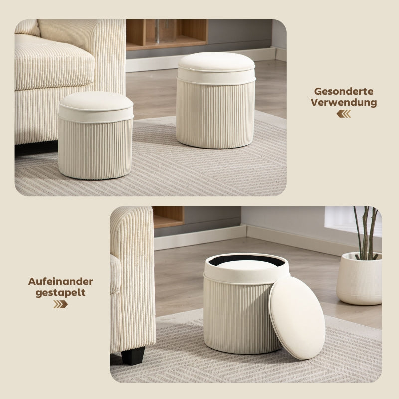 Set of 2 Ottomans with Lids Round Storage Velvet Look - Cream White