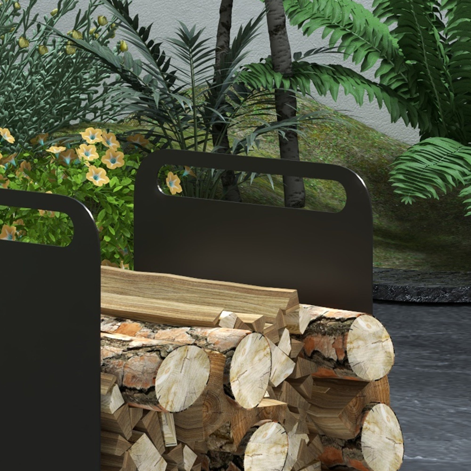 Firewood Rack 36.5x30x36cm with Handles, Indoor/Outdoor, 30kg, Black Steel