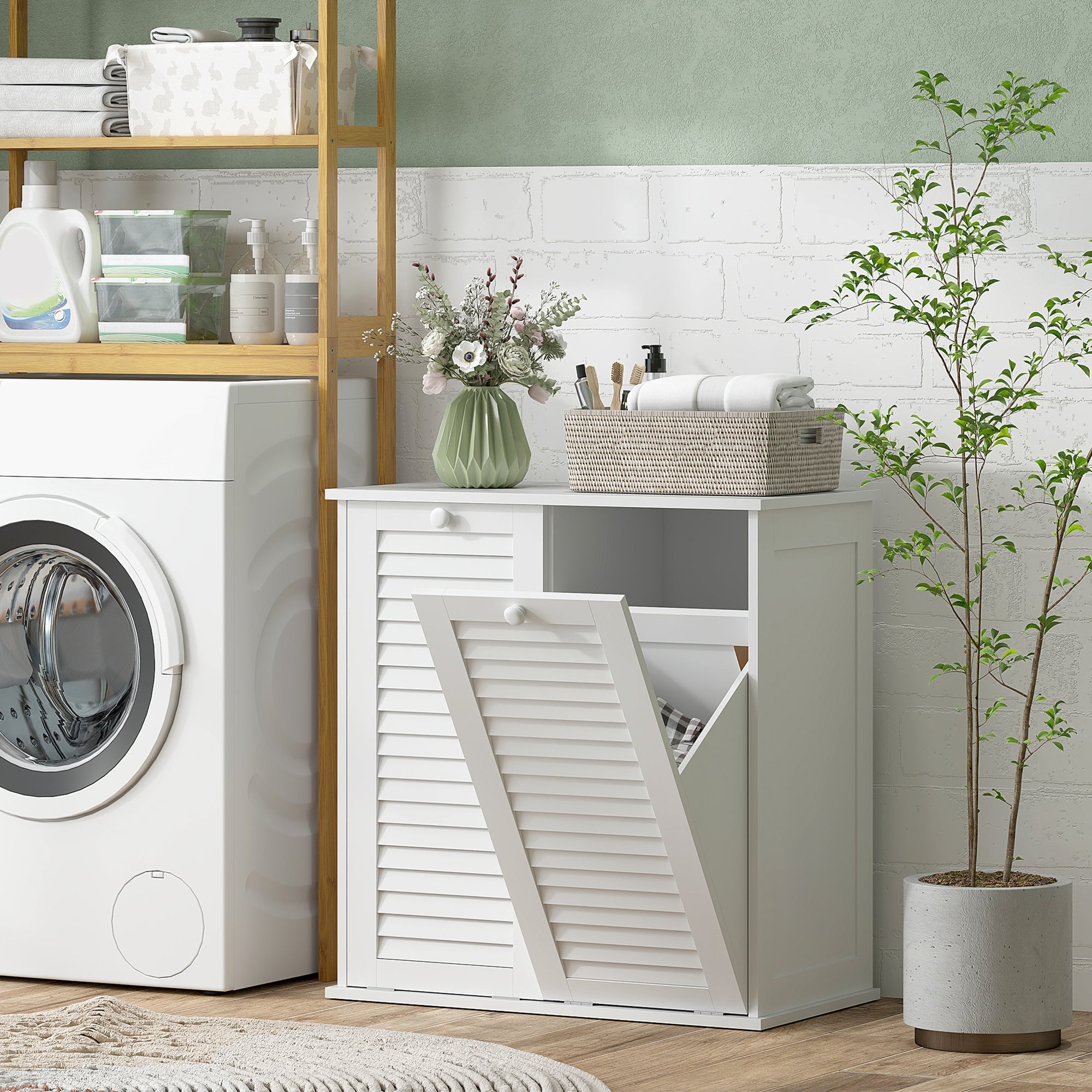 Wäscheschrank, 2 Körbe, Lamellentüren, weiß