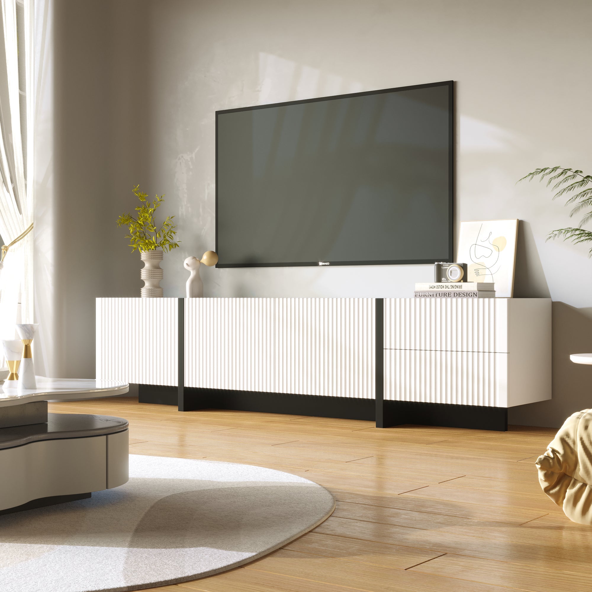 TV Cabinet, 190 cm with 3 Doors & 2 Drawers, White + Black