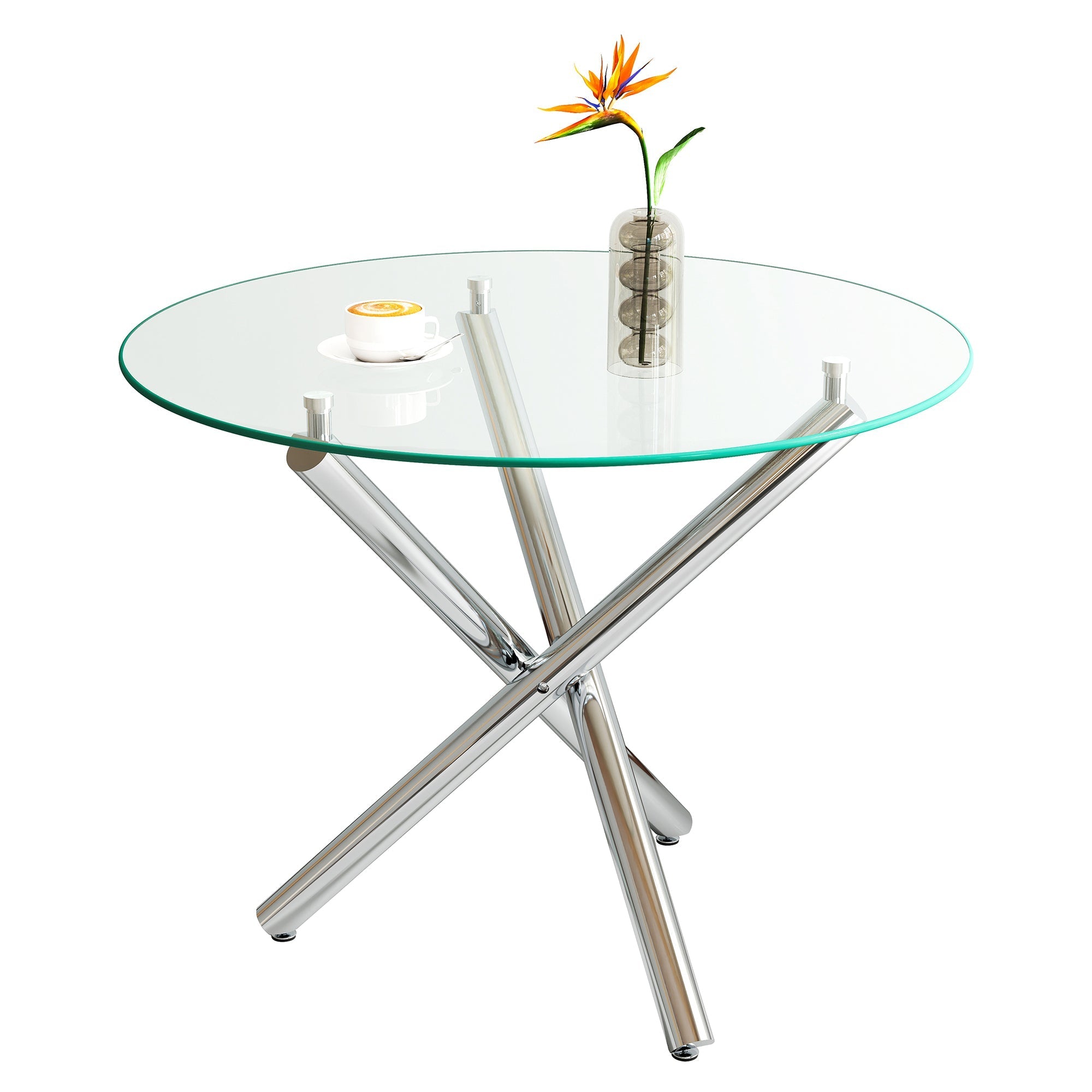 Round Dining Table 80x80x76cm Tempered Glass Metal Legs