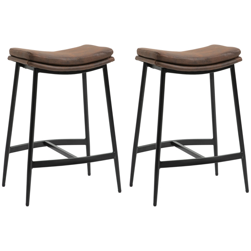 Breakfast Bar Stools Set of 2, Industrial Curved Seat Steel Frame, Brown Microfibre
