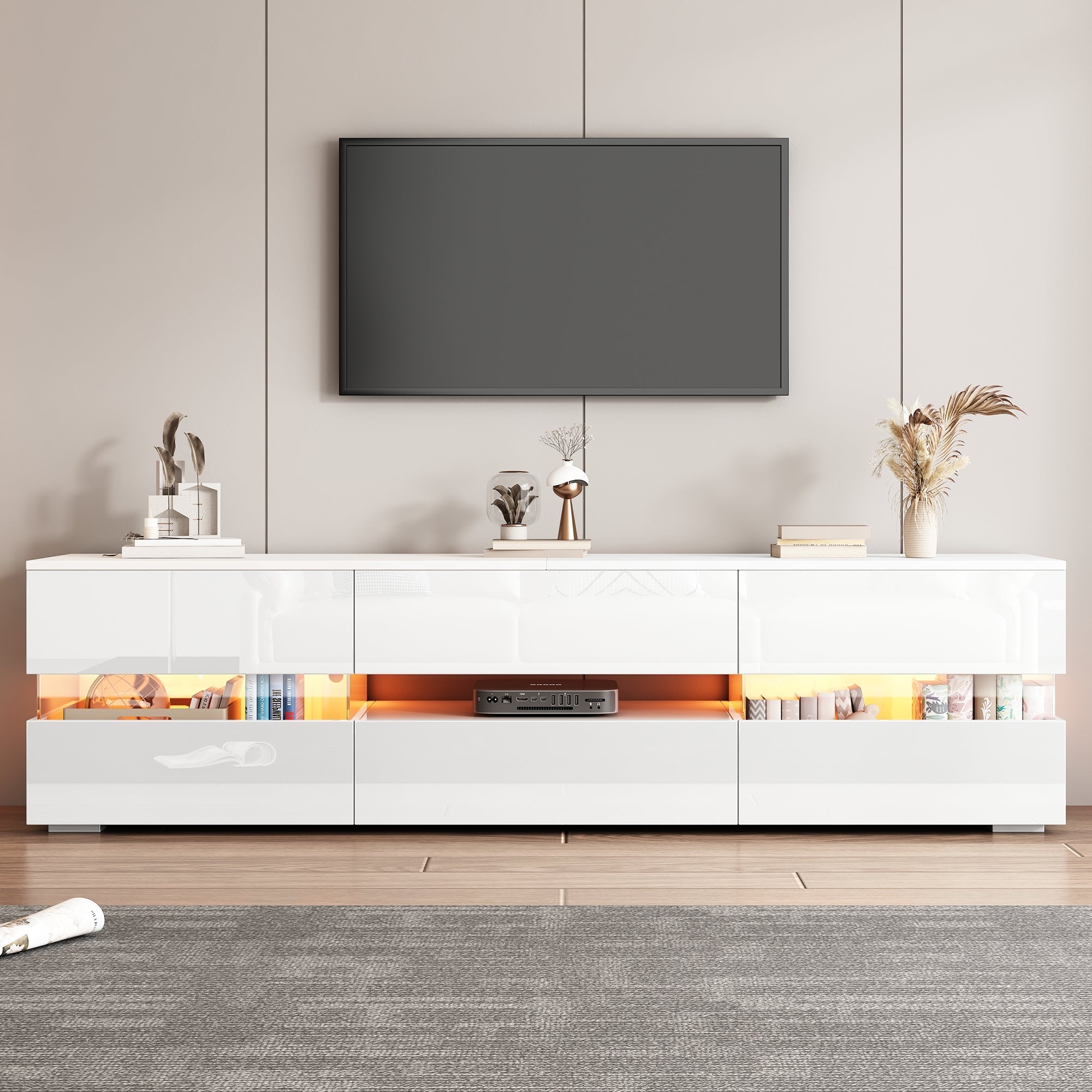 Modern TV Cabinet 160cm LED Storage for 70-inch TVs High-Gloss White