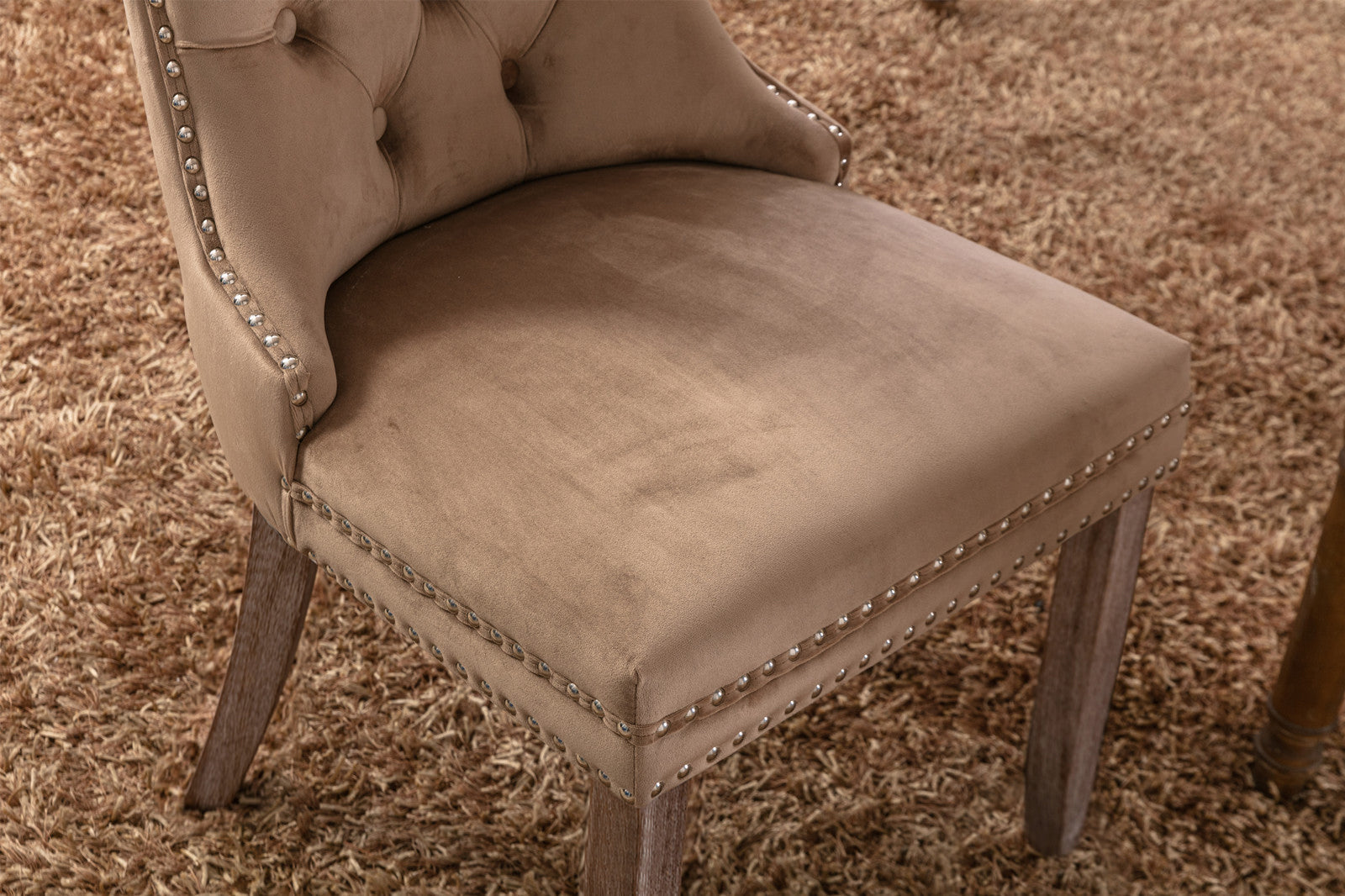 Nikki Collection Tufted Velvet Dining Chair Nailhead Trim 2-Pc Set - Khaki